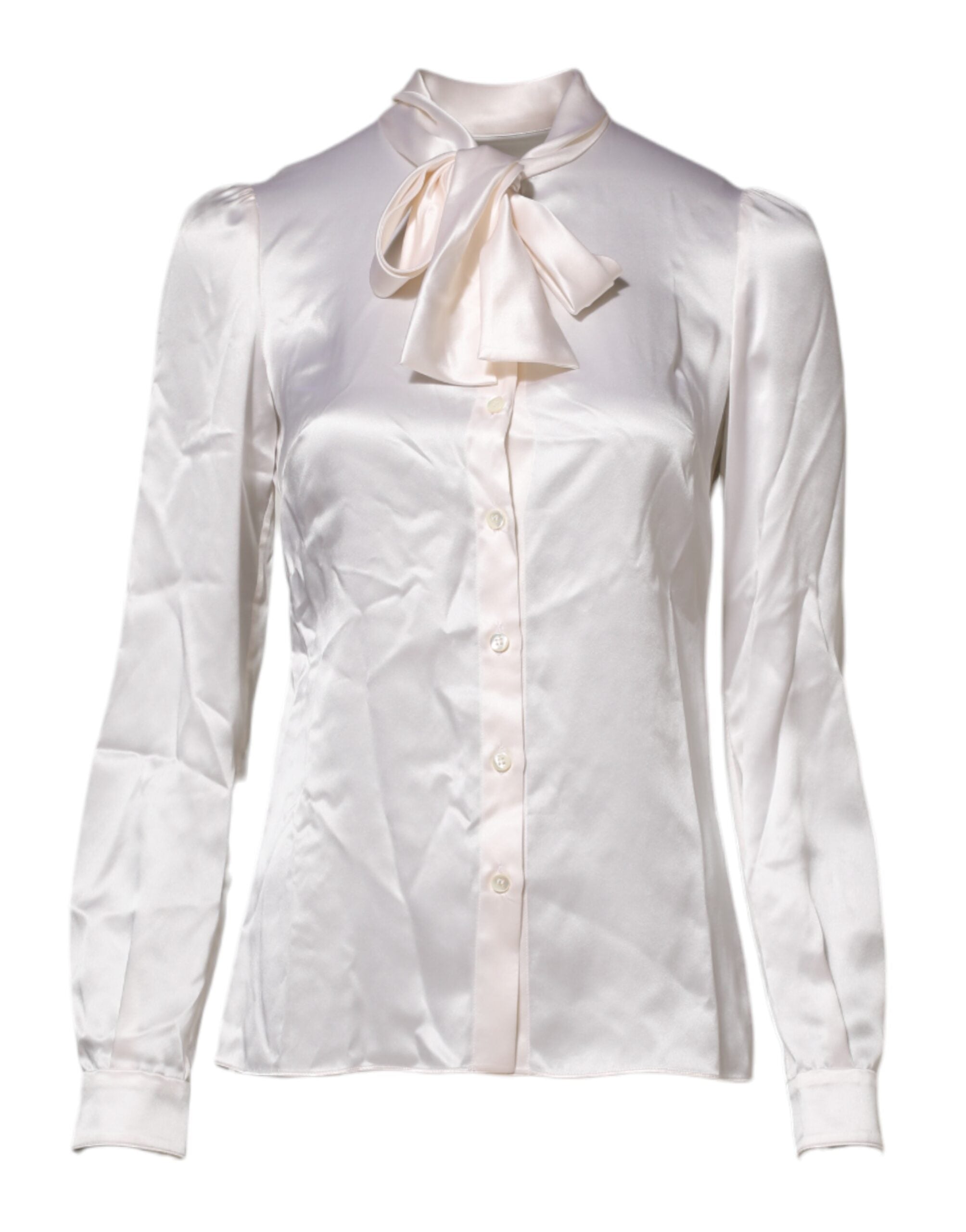Blouse blanche à col ascot à manches longues de Dolce & Gabbana, vue de face, détails élégants et tissu léger.