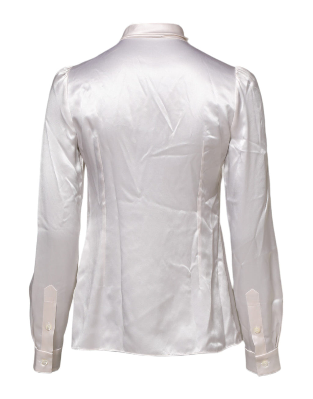 Blouse blanche Dolce & Gabbana à col ascot, manches longues, style élégant et sophistiqué en tissu léger.