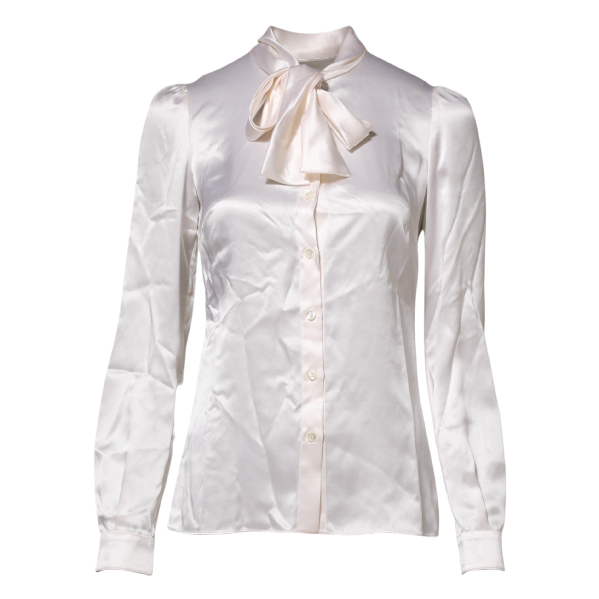 Blouse blanche Dolce & Gabbana à col ascot et manches longues, style élégant et sophistiqué.