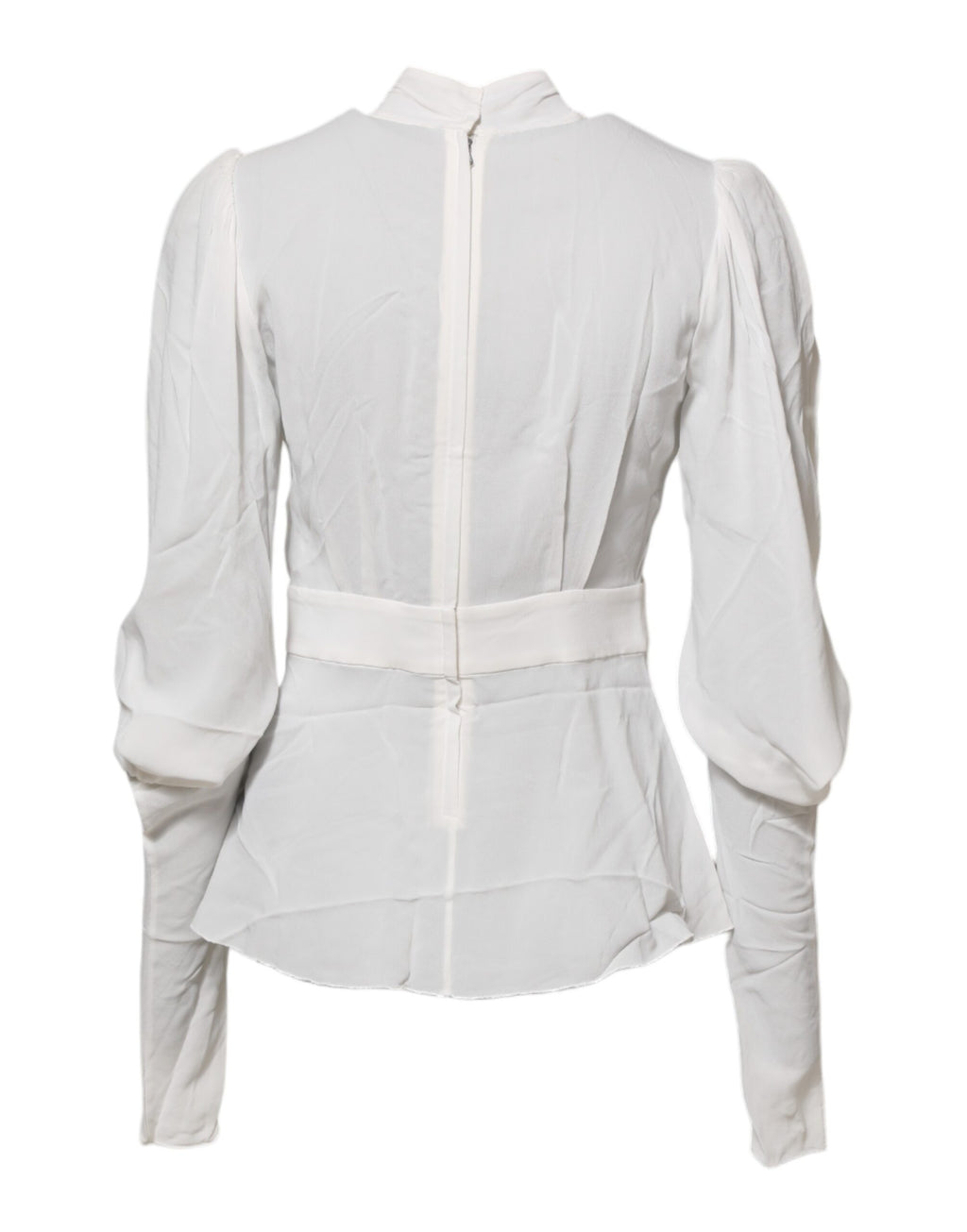 Haut blanc à manches longues Dolce & Gabbana avec col ascot en viscose, élégant et sophistiqué.