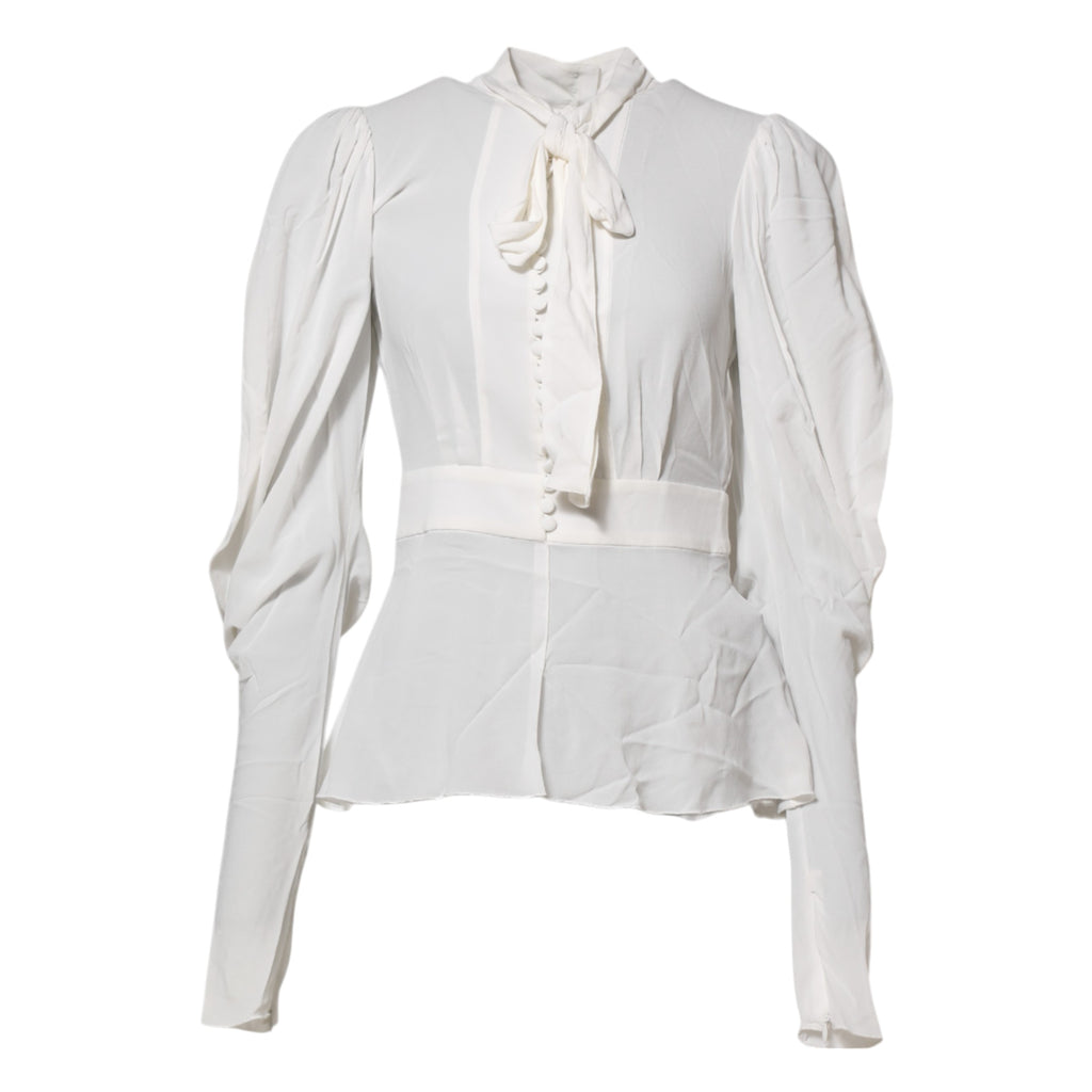 Chemise blanche Dolce & Gabbana en viscose avec col ascot et manches longues, élégante et fluide.