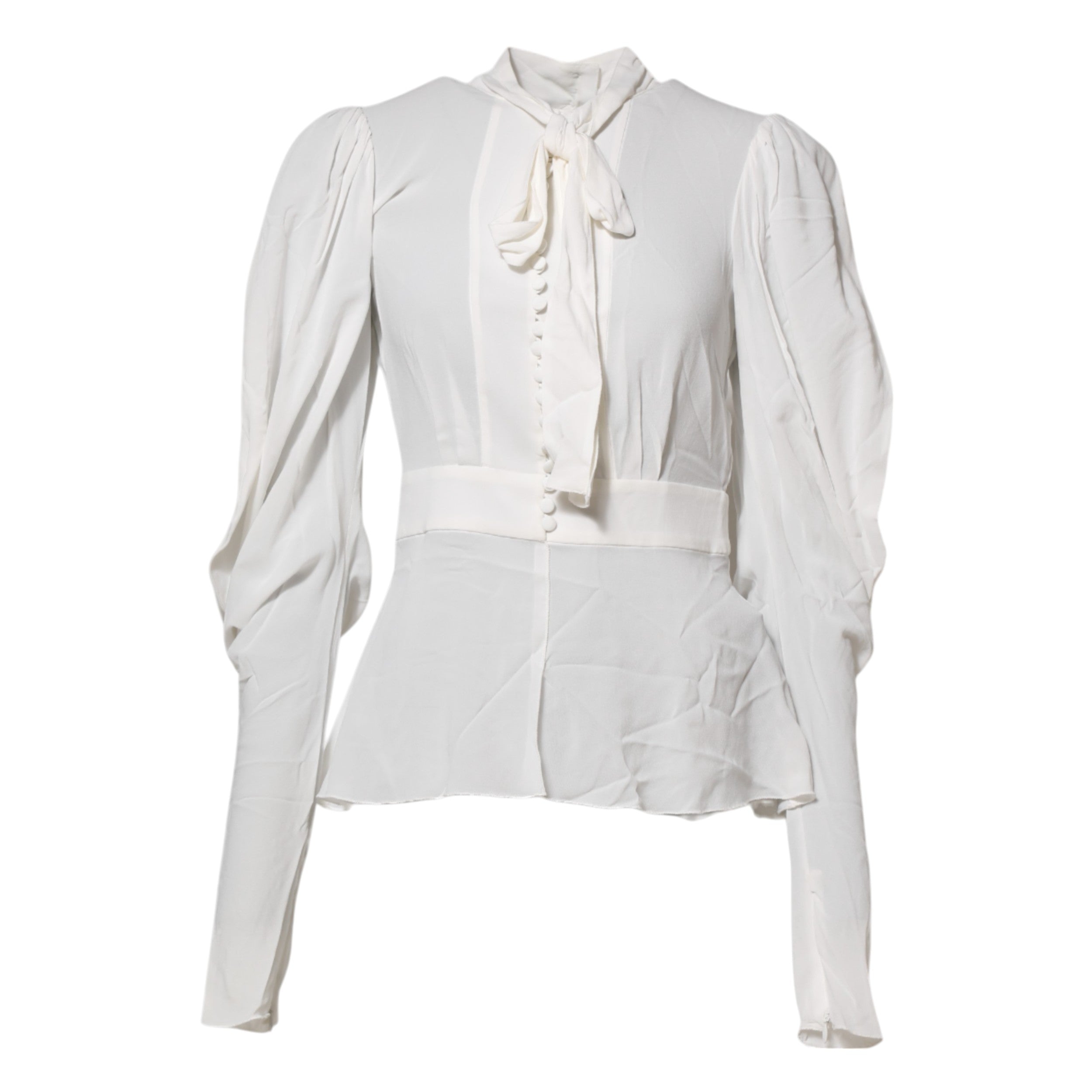 Chemise blanche Dolce & Gabbana en viscose avec col ascot et manches longues, élégante et fluide.
