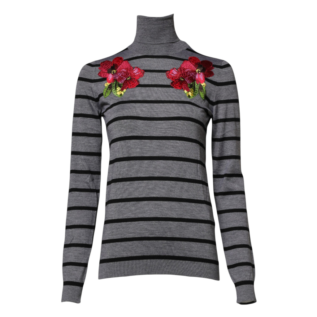 Pull-over gris Dolce & Gabbana avec broderie florale élégante, en maille douce et tendance.