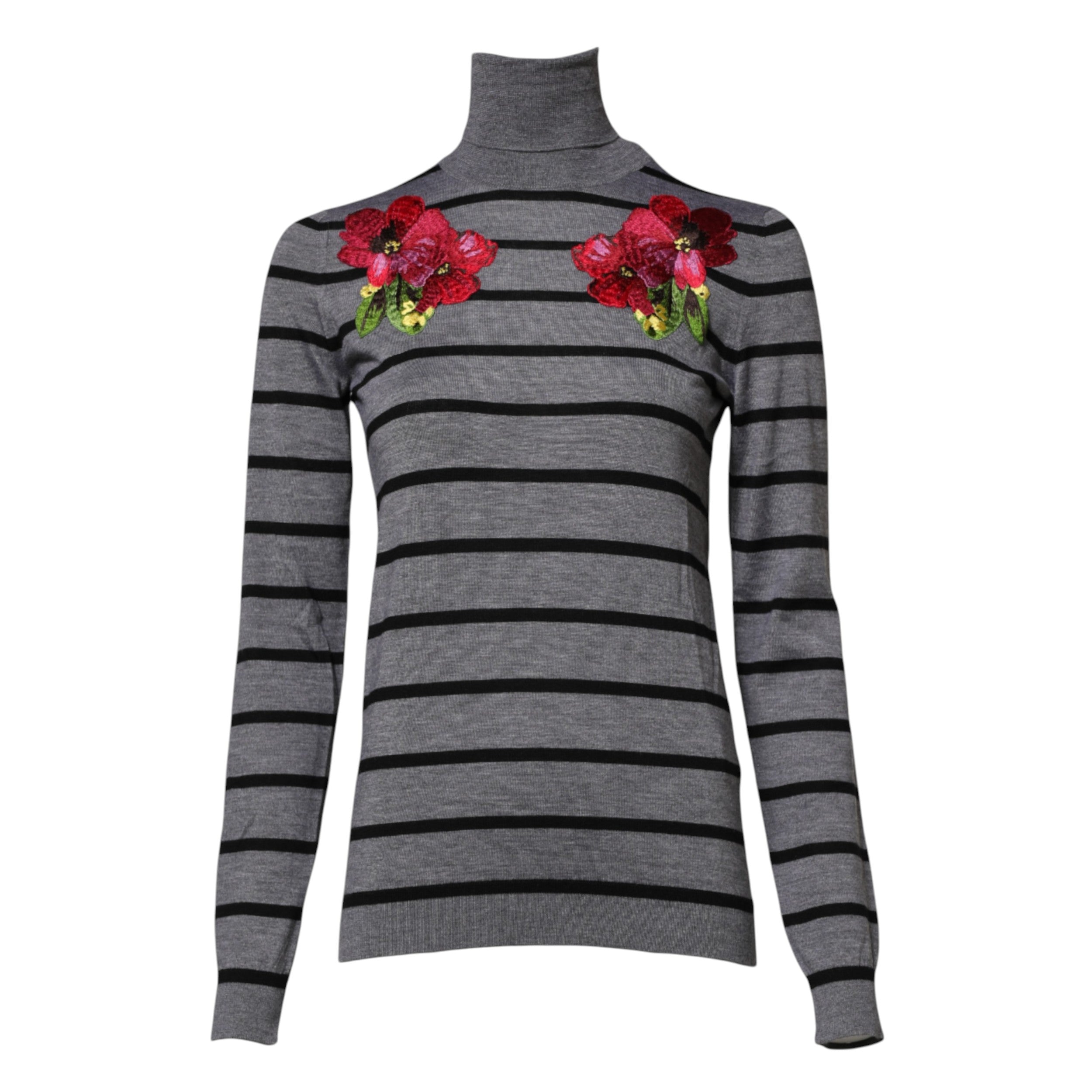 Pull-over gris Dolce & Gabbana avec broderie florale élégante, en maille douce et tendance.
