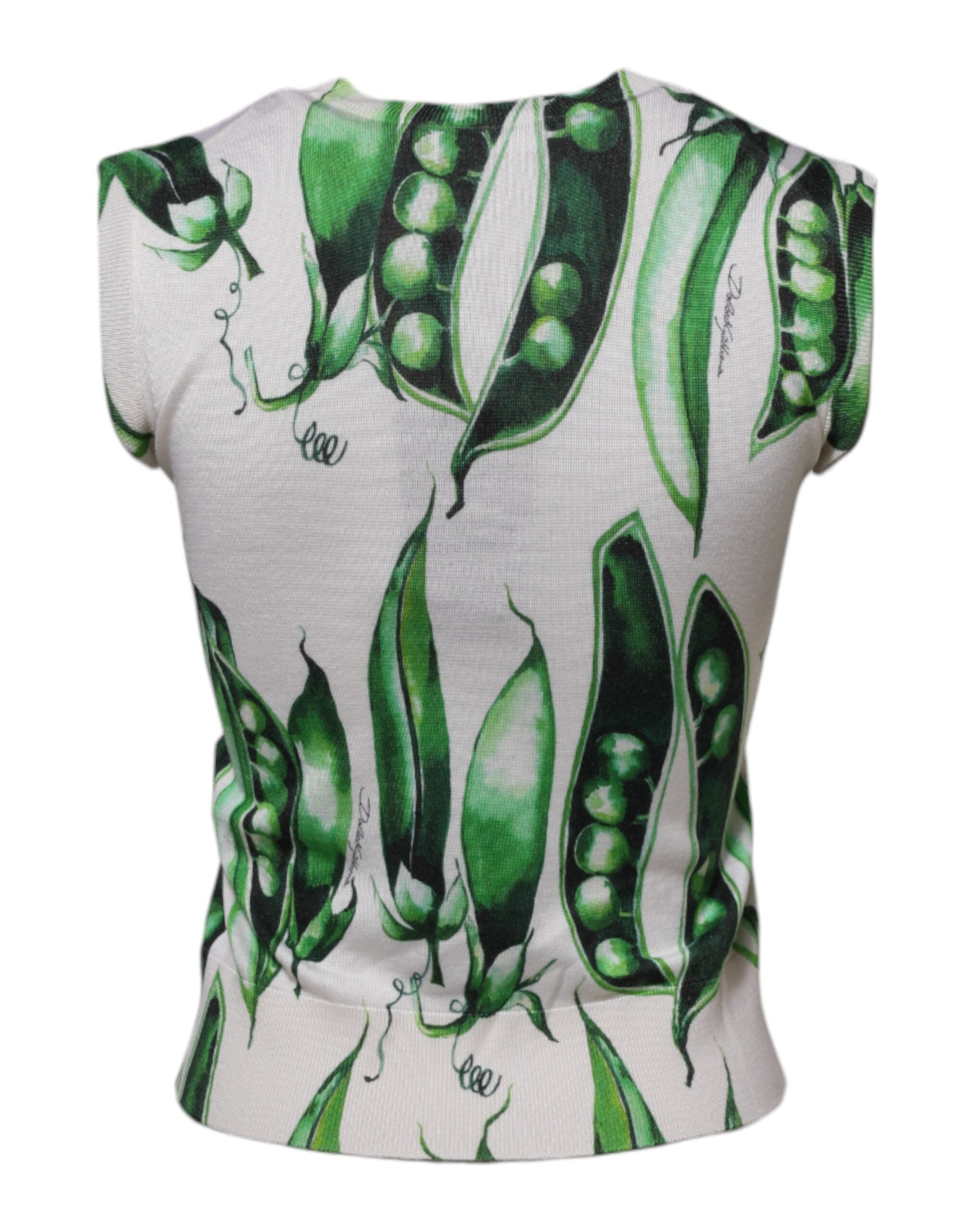 Blouse sans manches Dolce & Gabbana à imprimé pois blanc et vert, style élégant et léger, vue de face avec col et détails de la finition