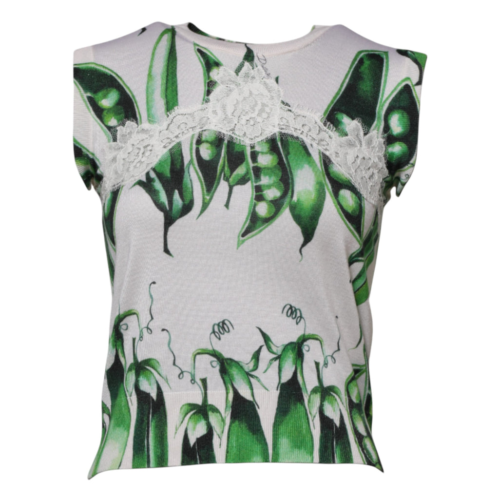 Blouse sans manches Dolce & Gabbana à imprimé pois vert et blanc, style élégant et décontracté, vue de face.