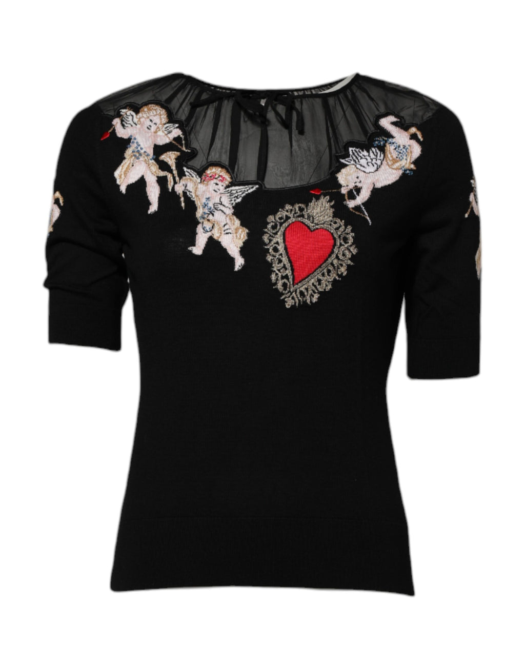 Pull en coton noir Dolce & Gabbana avec broderie de cœur sacré, col rond et design élégant.