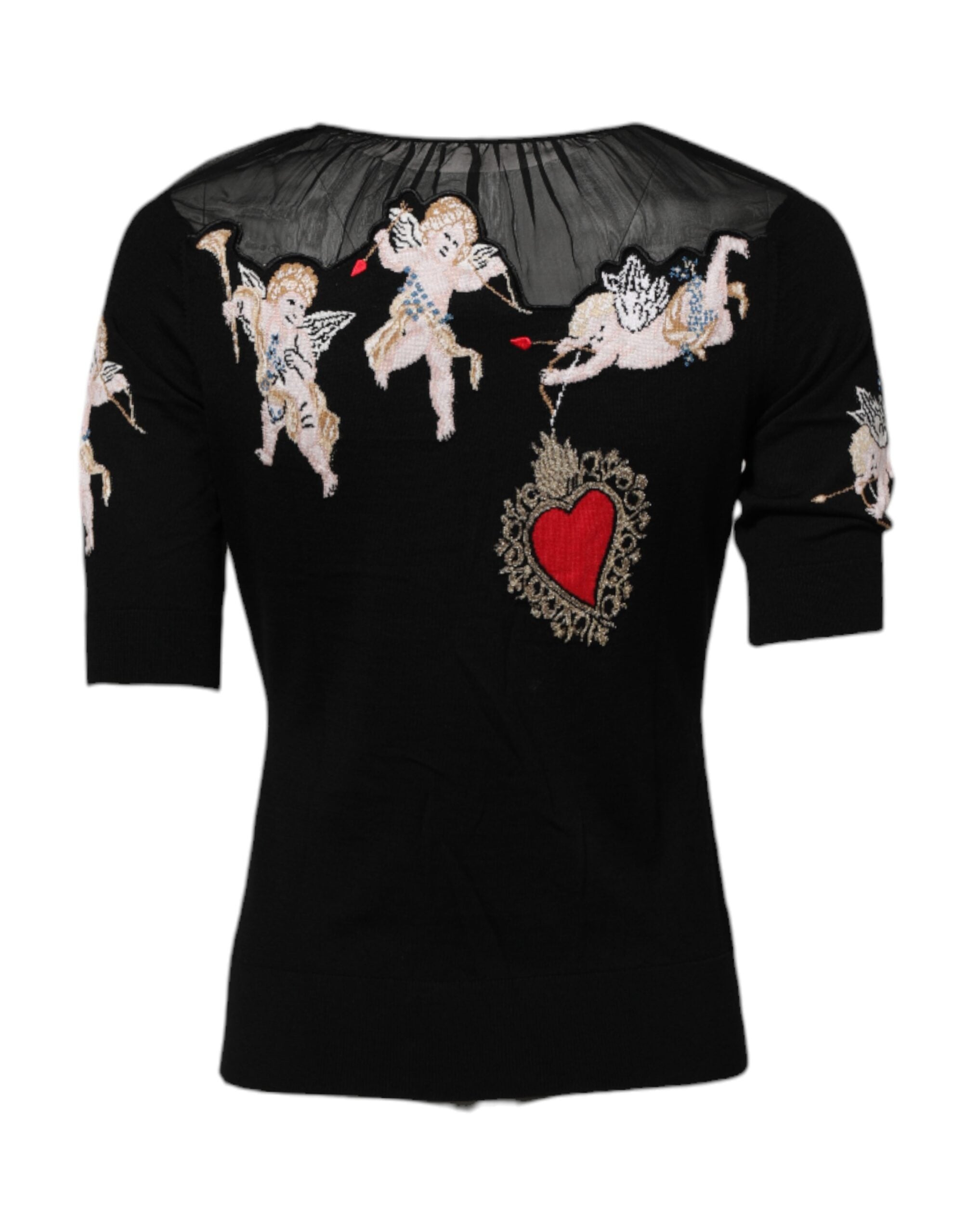 Pull en coton noir Dolce & Gabbana avec broderie de cœur sacré sur le col rond, style élégant et détaillé.