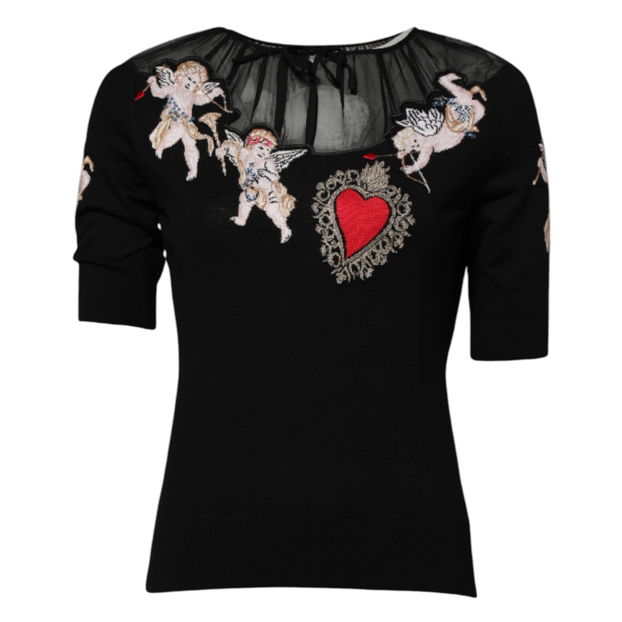 Pull à col rond noir Dolce & Gabbana avec broderie en forme de cœur sacré, détails élégants et look sophistiqué.