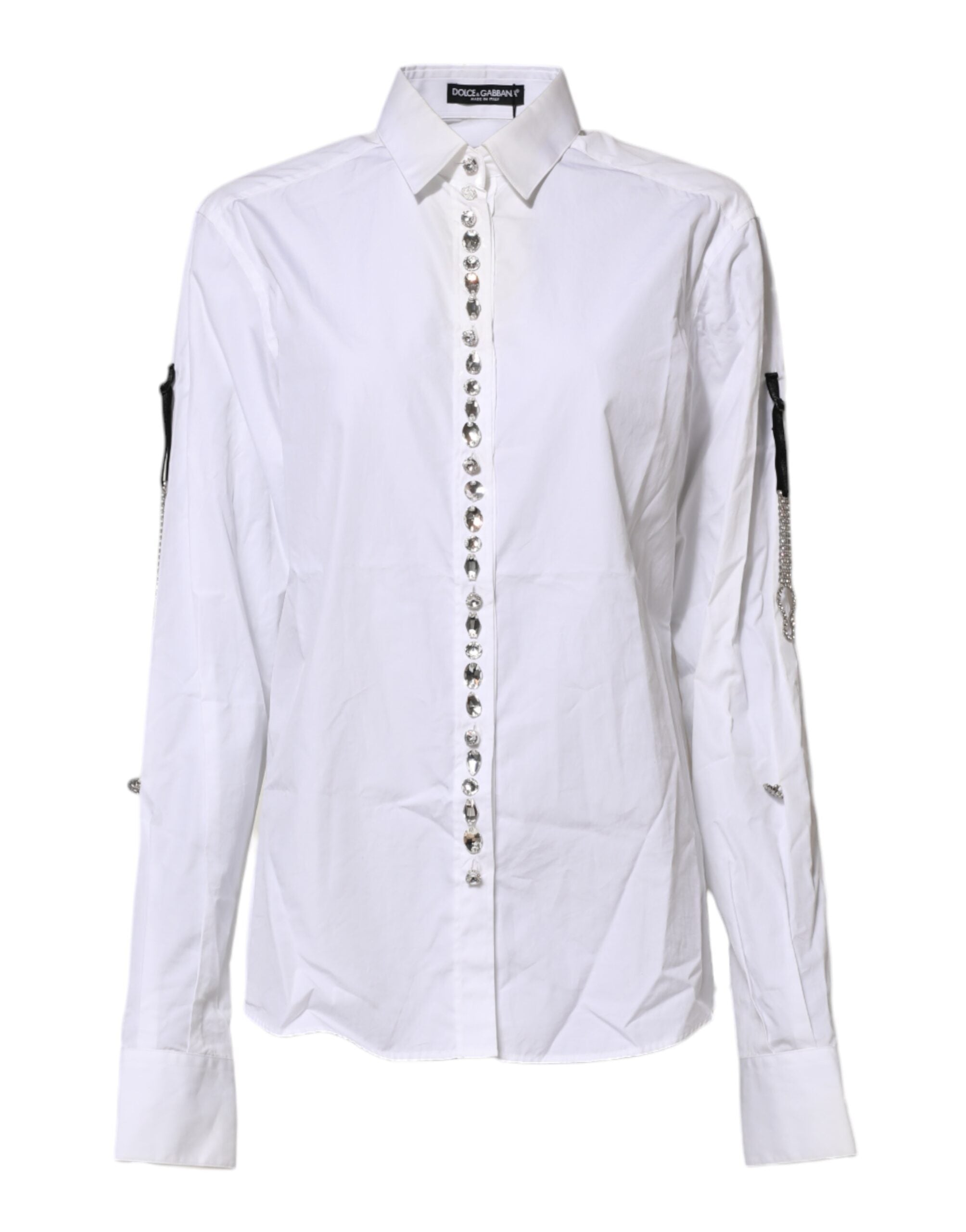 Chemise blanche Dolce & Gabbana avec col orné de cristaux, élégante et sophistiquée, vue de face.