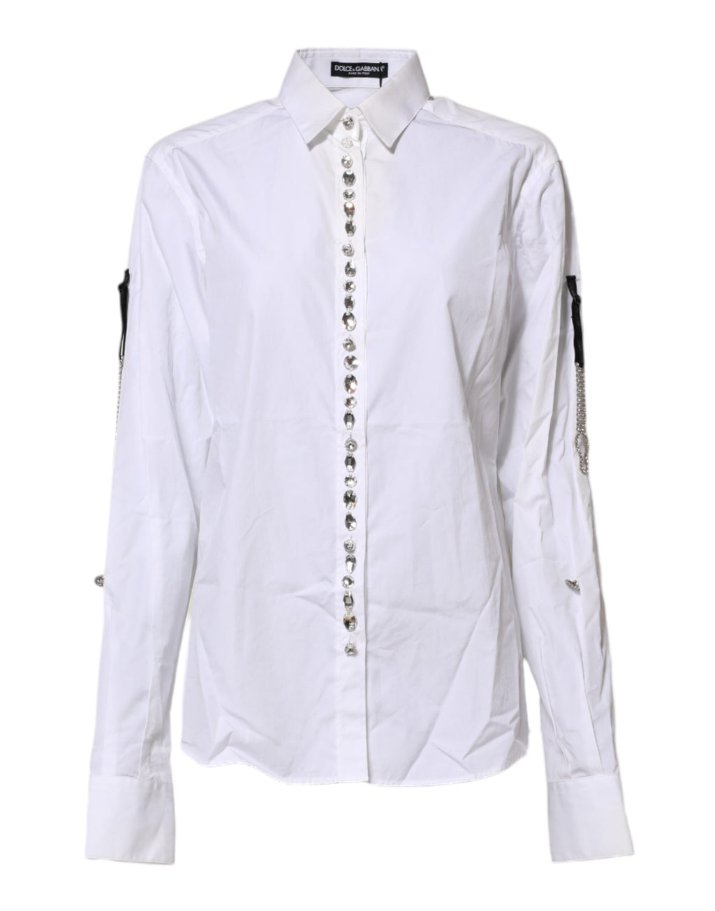 Chemise blanche Dolce & Gabbana avec col et embellissements en cristaux, vue de face, détails élégants et sophistiqués.