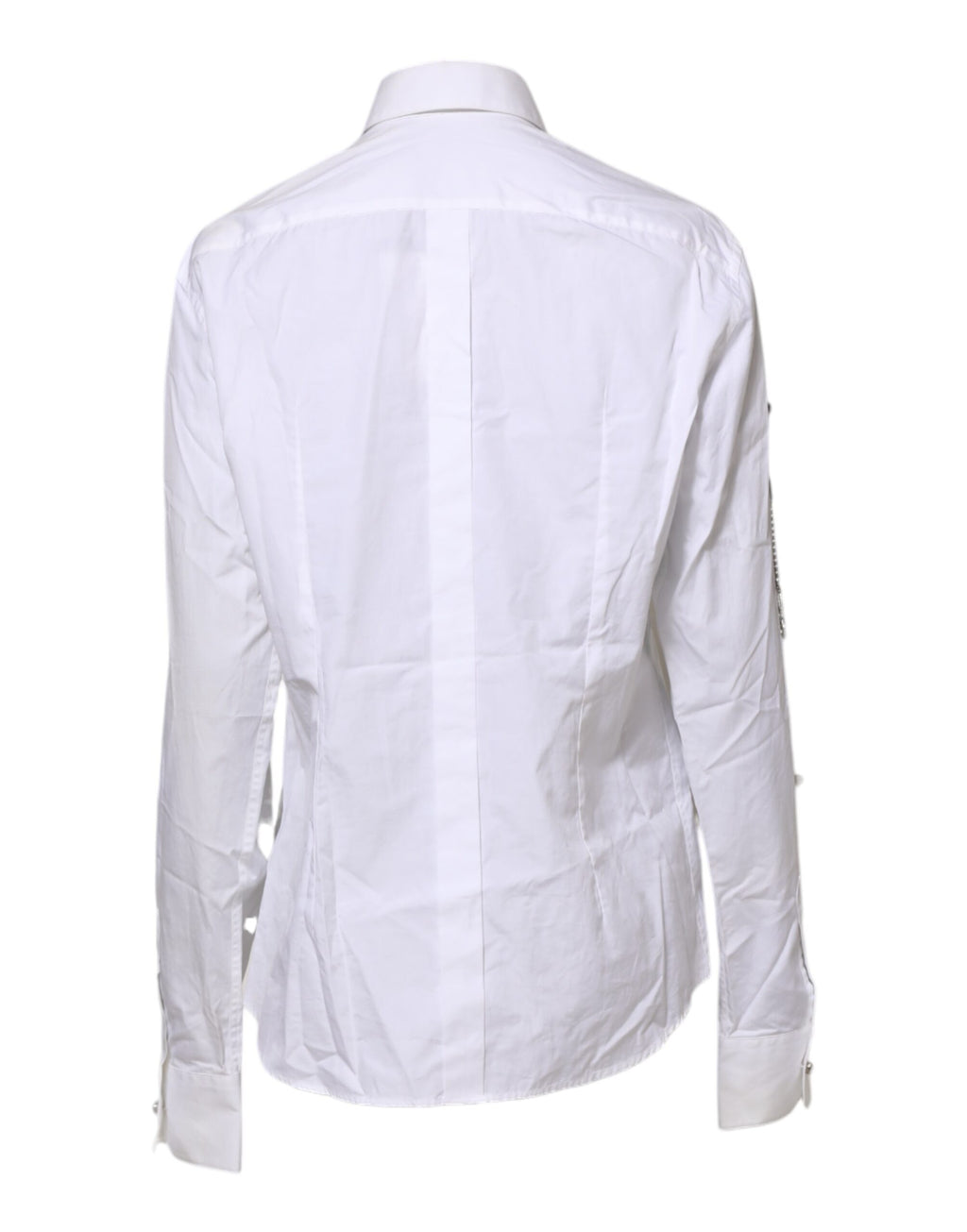 Chemise blanche Dolce & Gabbana ornée de cristaux avec col, vue de devant sur fond neutre.