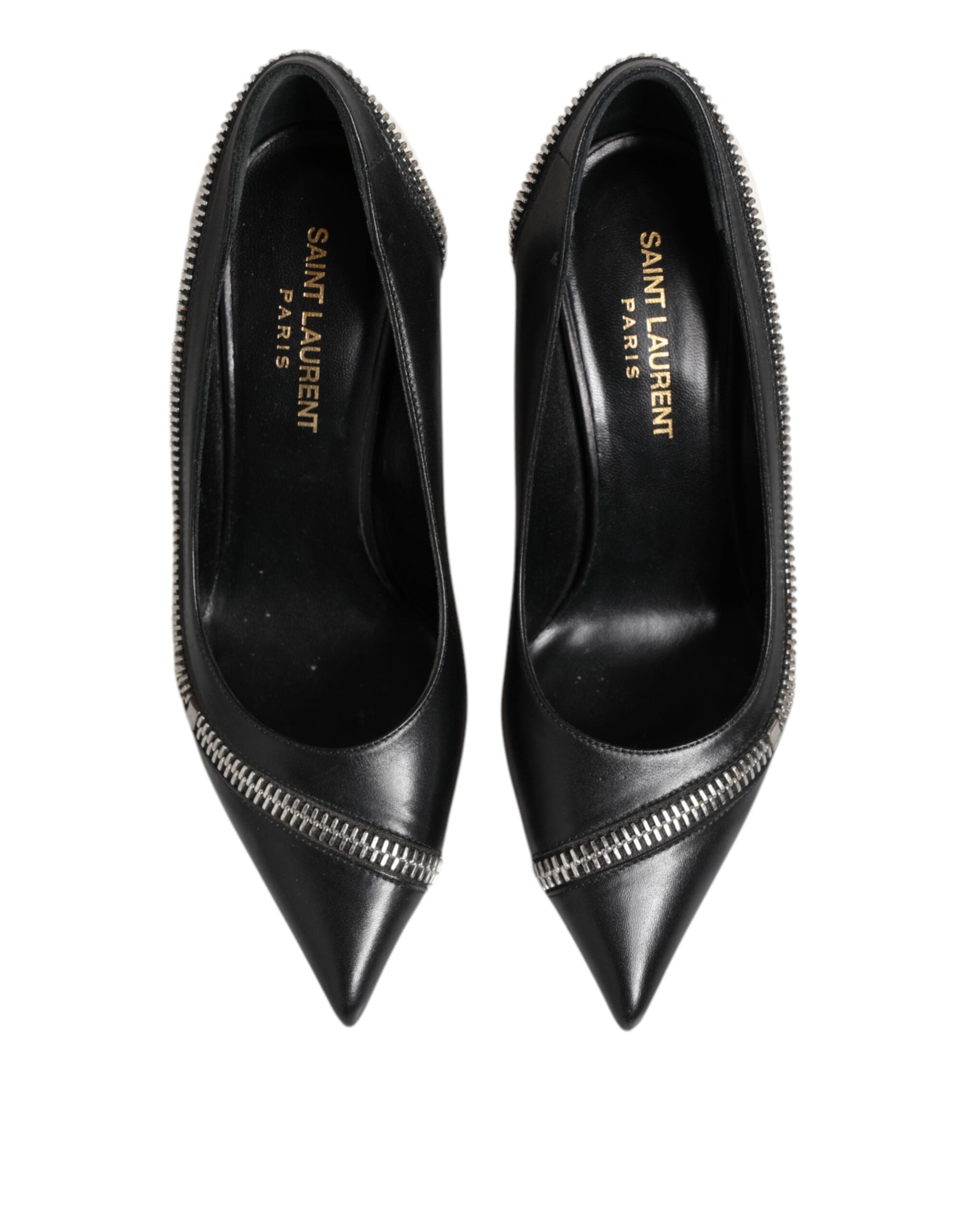 Chaussures Saint Laurent en cuir blanc et noir à talons aiguilles avec bout pointu, élégantes et sophistiquées.