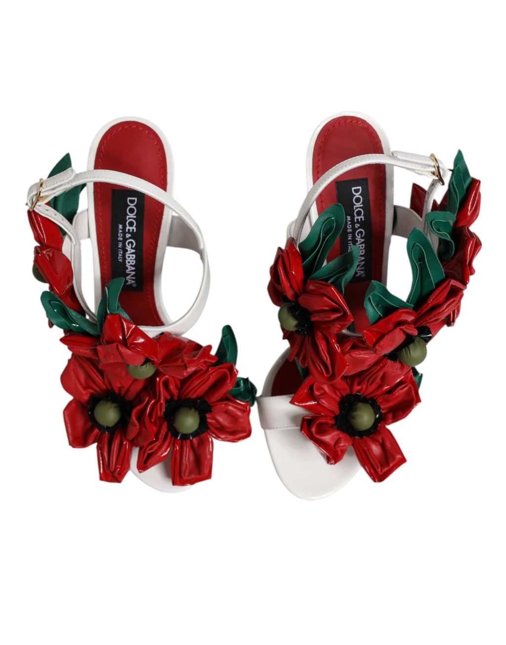 Sandales Dolce & Gabbana en cuir blanc avec détails floraux, chaussures élégantes et sophistiquées pour femmes.