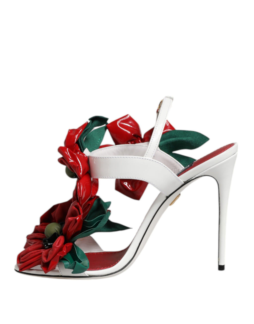 Sandales en cuir blanc Dolce & Gabbana avec détails floraux, semelles épaisses et design élégant visible sur l'image.