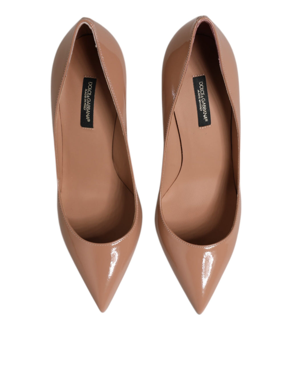 Chaussures Dolce & Gabbana stilettos en cuir verni beige, talons hauts élégants et sophistiqués.