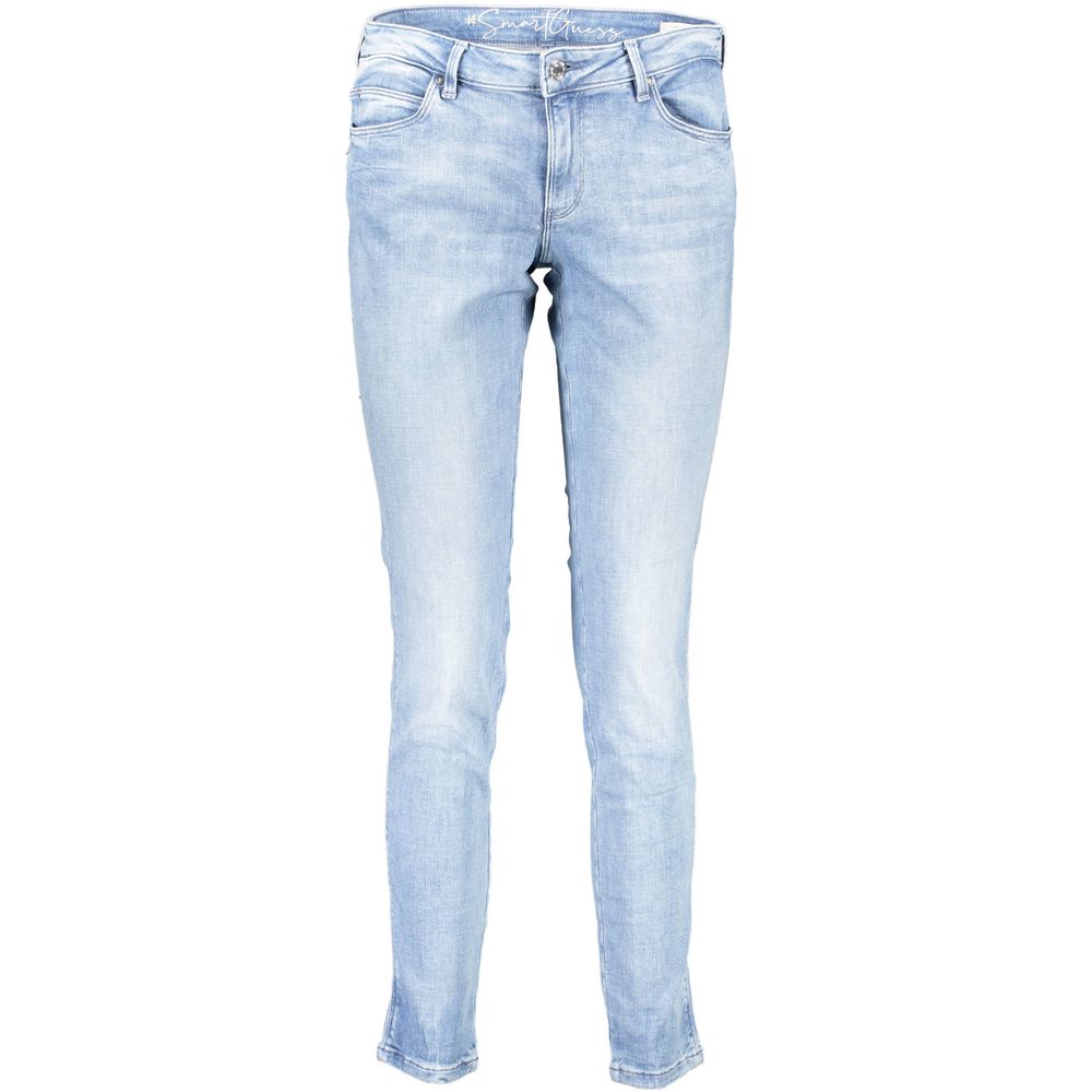 Jeans pour femmes Guess en coton biologique de couleur azur, coupe classique avec détails modernes.