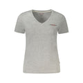 T-shirt pour femmes Guess Jeans gris en coton, coupe décontractée, logo Guess visible, porté sur mannequin.