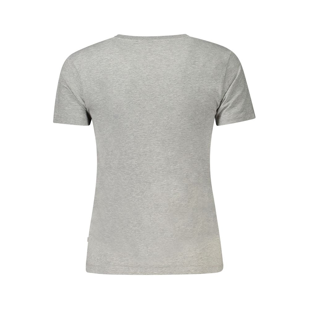 T-shirt gris en coton pour femmes de Guess Jeans, coupe décontractée et design simple visible sur l’image.