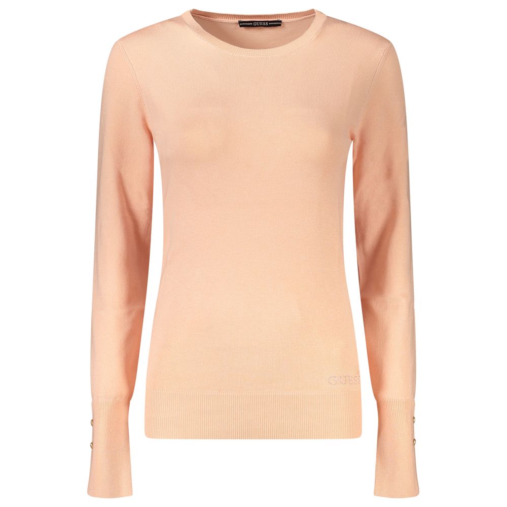 Pull femme Guess Jeans Rosa Viscosa, coupe ajustée, avec col rond et manches longues, porté sur un modèle.