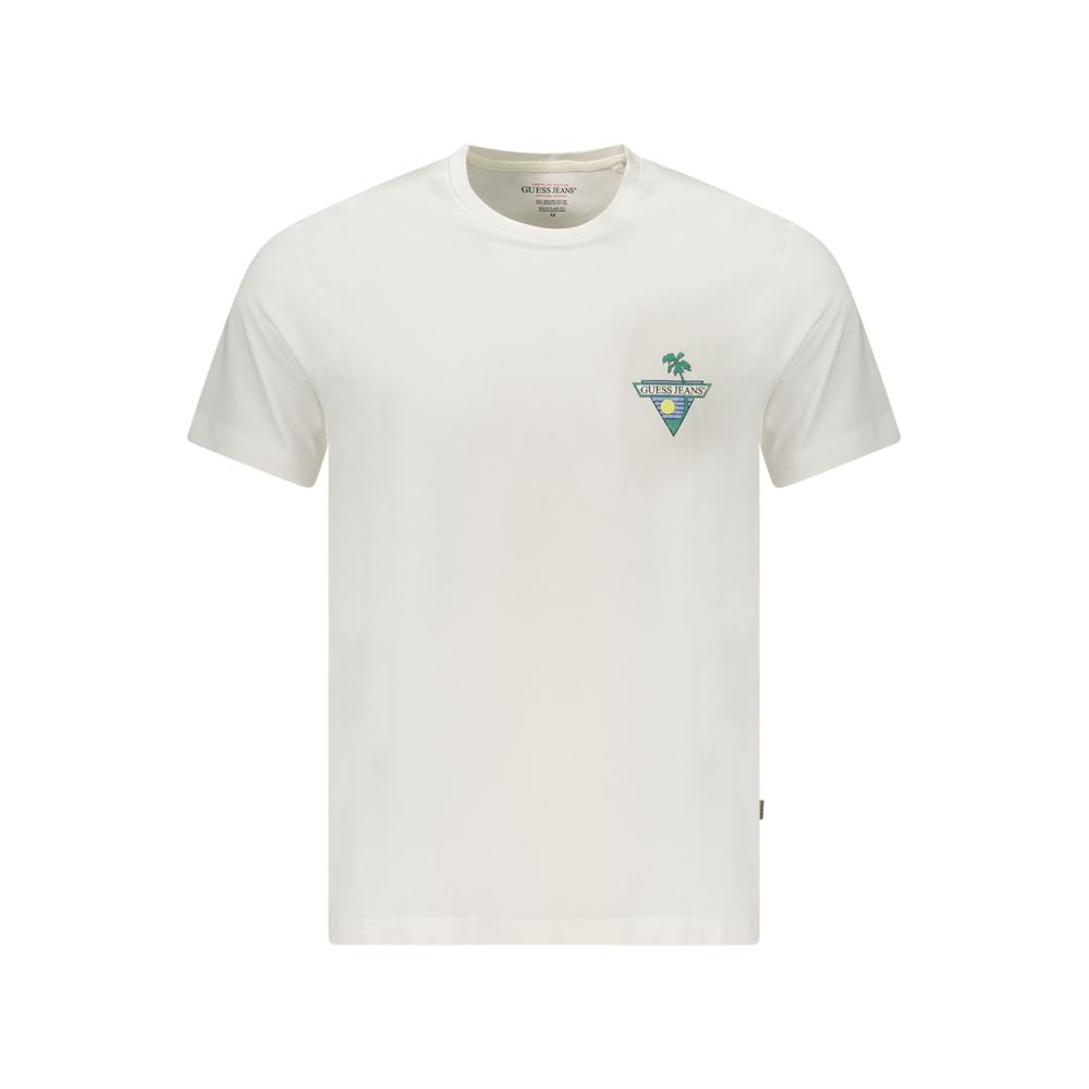 T-shirt blanc pour homme Guess Jeans en coton bio, vue de face avec col rond et logo Guess sur la poitrine.