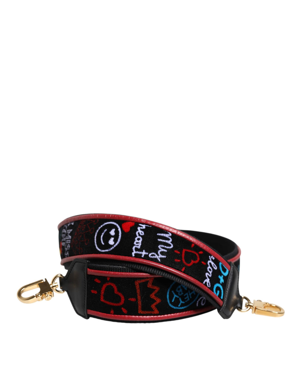Sangle d'accessoire pour sac à main en coton noir imprimé de Dolce & Gabbana pour femmes, montrée suspendue.