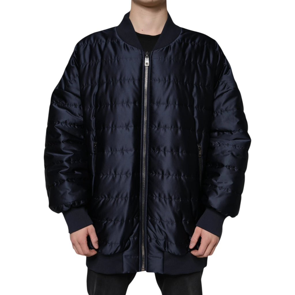 Veste bomber matelassée bleu foncé Dolce & Gabbana avec zip intégral, design élégant et détails sophistiqués.