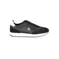 Chaussure sneakers femmes en cuir noir Calvin Klein, style moderne et élégant, vue de profil.