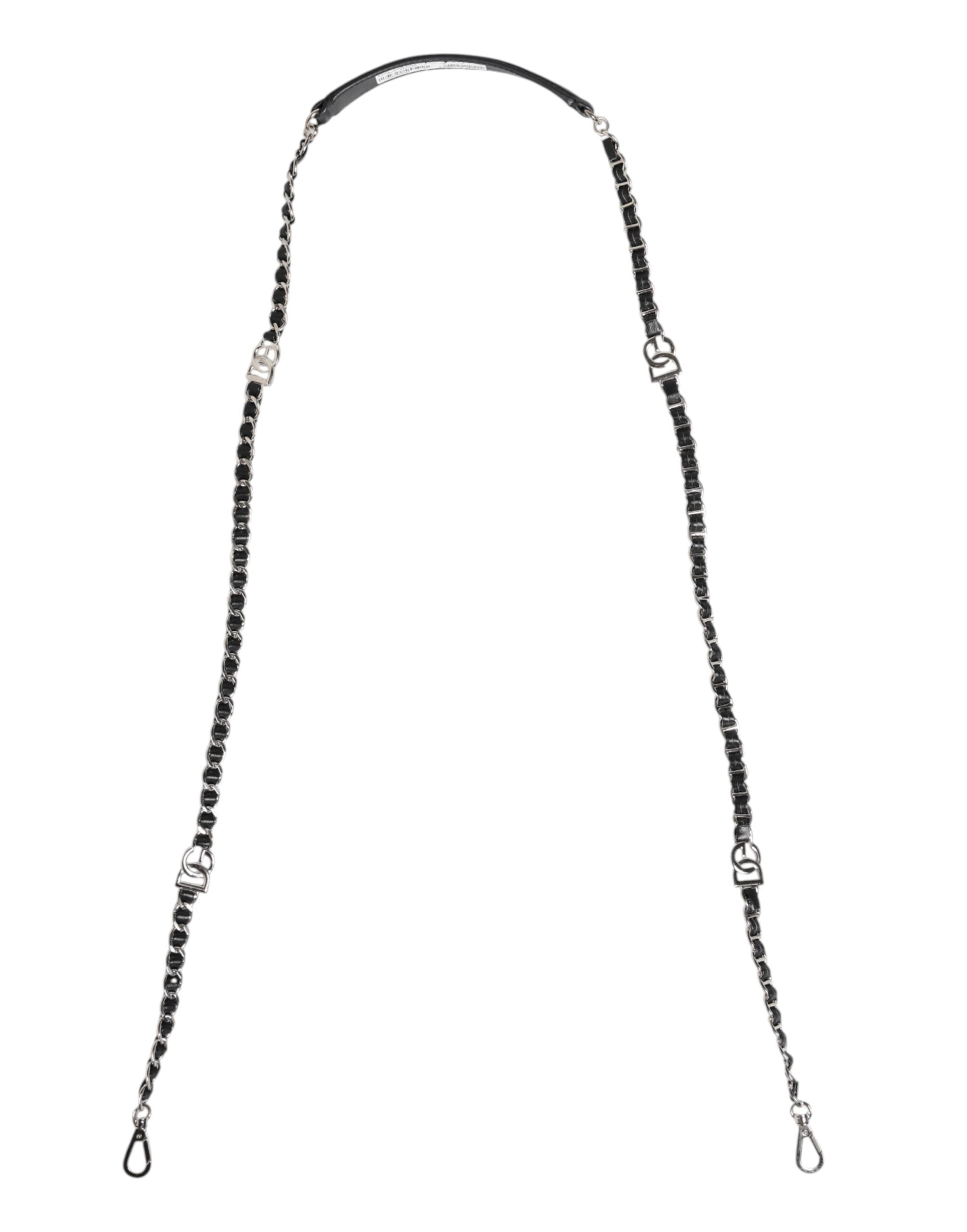 Sangle d'épaule en cuir noir Dolce & Gabbana avec logo DG et chaîne pour sac à main élégant.