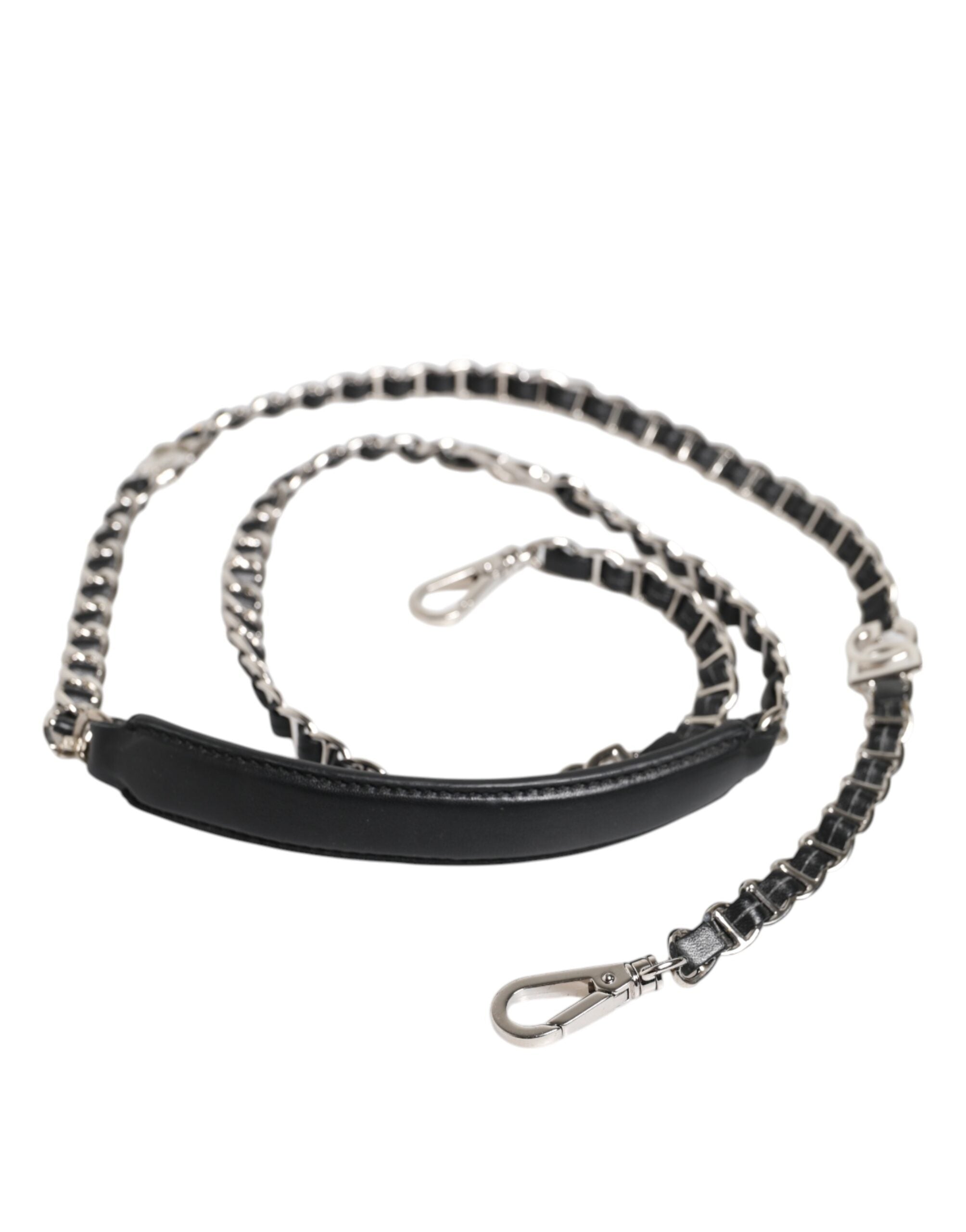 Sangle de sac à bandoulière en cuir noir Dolce & Gabbana avec logo DG et chaîne métallique élégante.