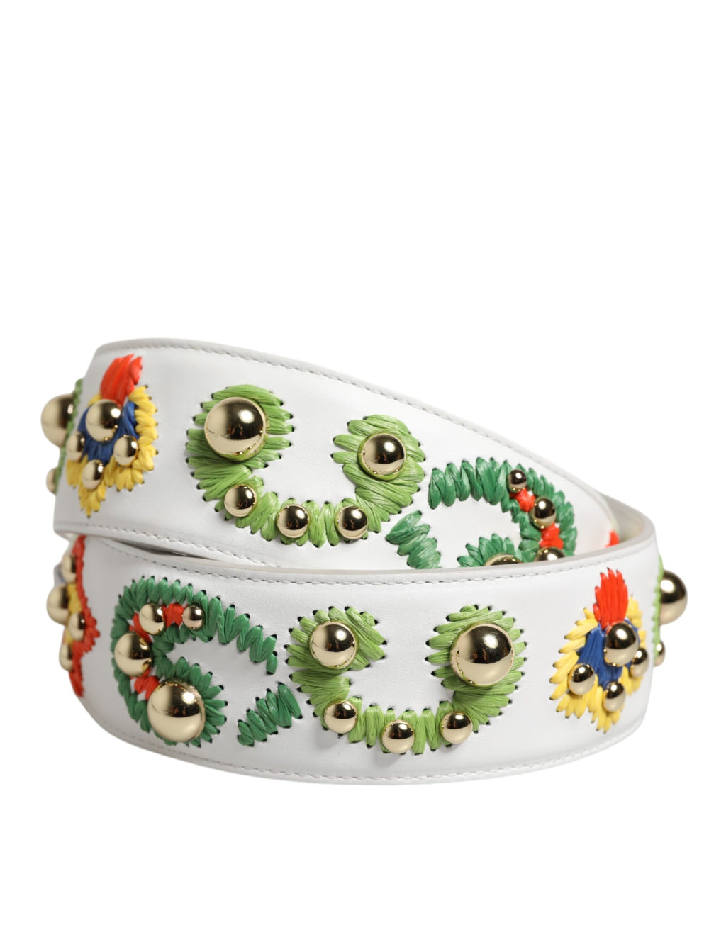 Sangle d'épaule Dolce & Gabbana en cuir de veau blanc avec broderies en raffia et patchwork, détails visibles sur l'image.