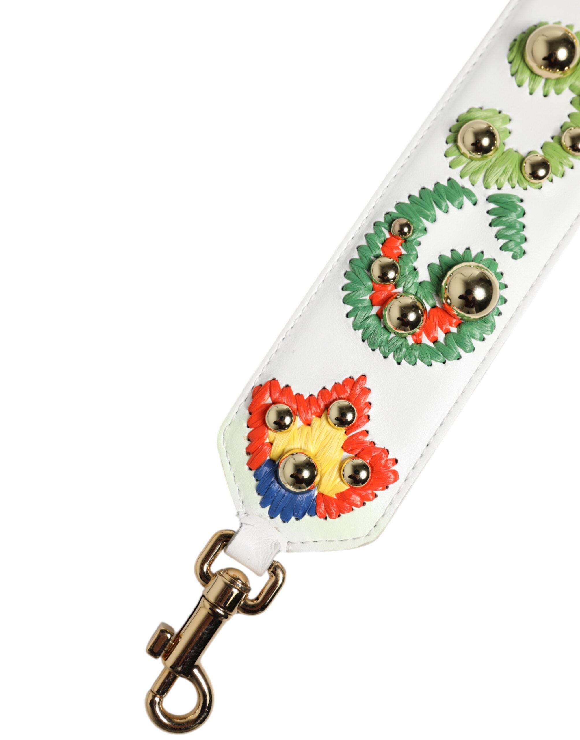Sangle d'épaule en cuir de veau blanc Dolce & Gabbana avec broderies en raffia et patchwork, pour sac à main élégant.