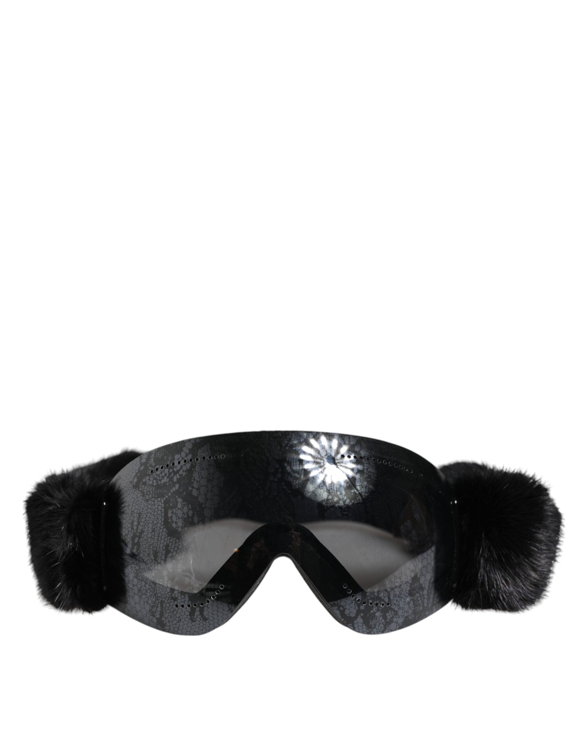 Lunettes de ski Dolce & Gabbana noires avec lentilles miroir en dentelle, masque de ski élégant et tendance.
