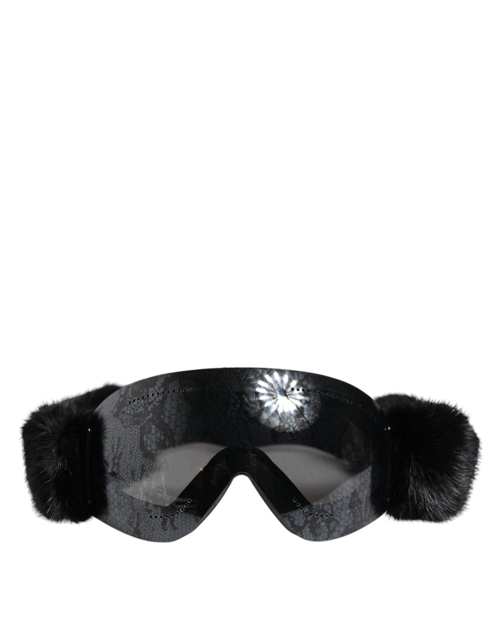 Lunettes de ski Dolce & Gabbana noires avec lentilles miroir et détails en dentelle, masque de ski élégant et moderne.