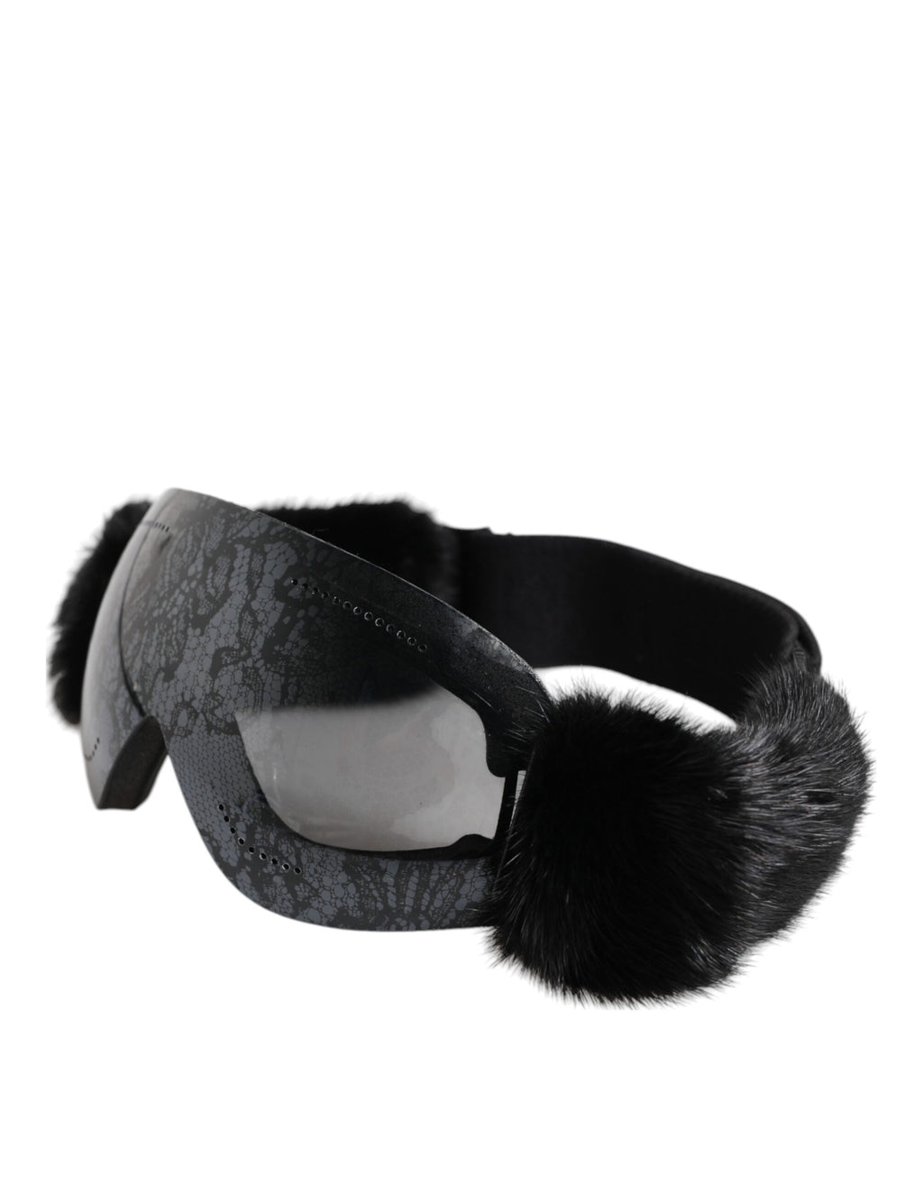 Lunettes de ski Dolce & Gabbana noires avec miroir en dentelle, masque de protection et style élégant pour sports d'hiver.