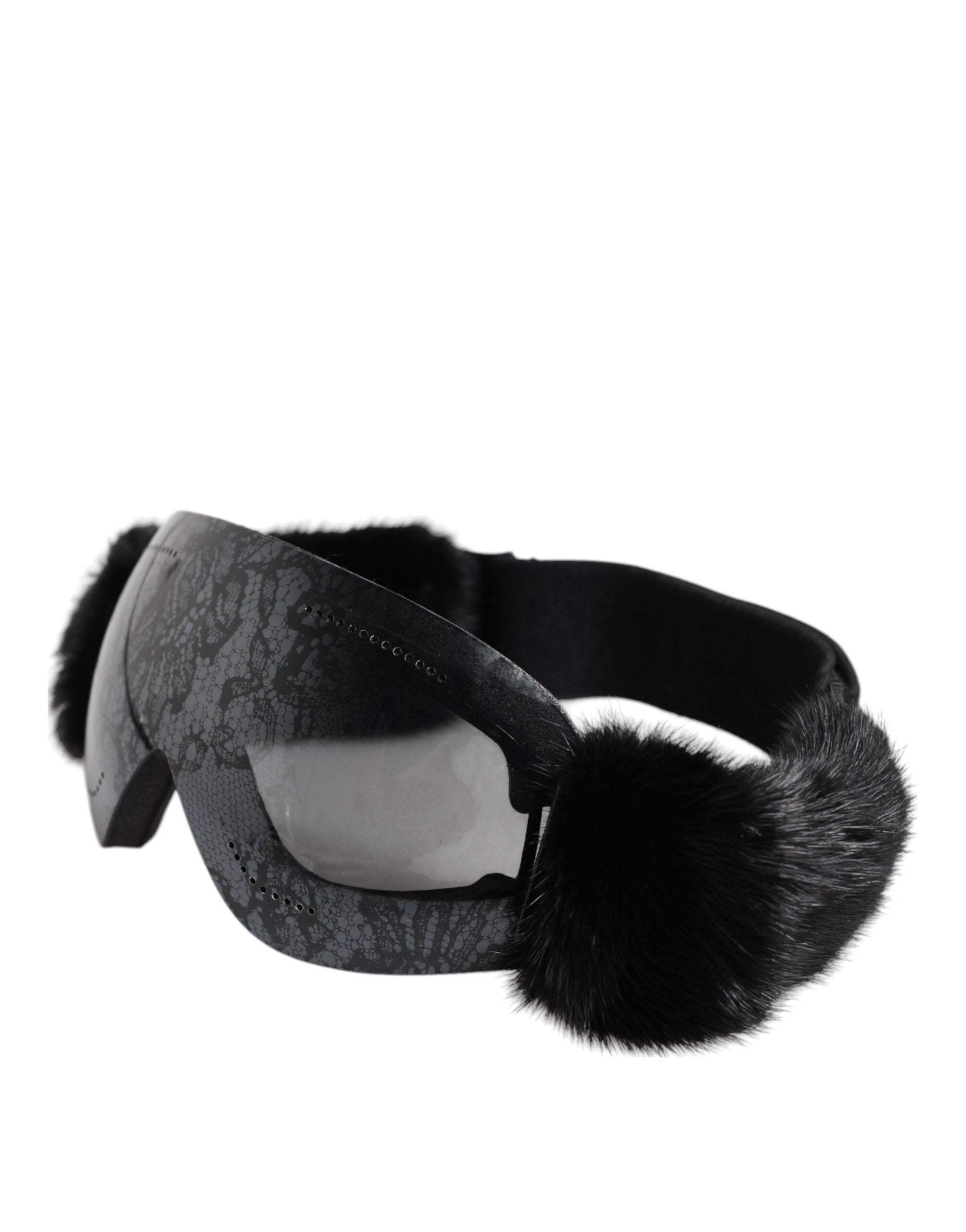 Lunettes de ski Dolce & Gabbana noires avec miroir en dentelle, masque de protection et style élégant pour sports d'hiver.