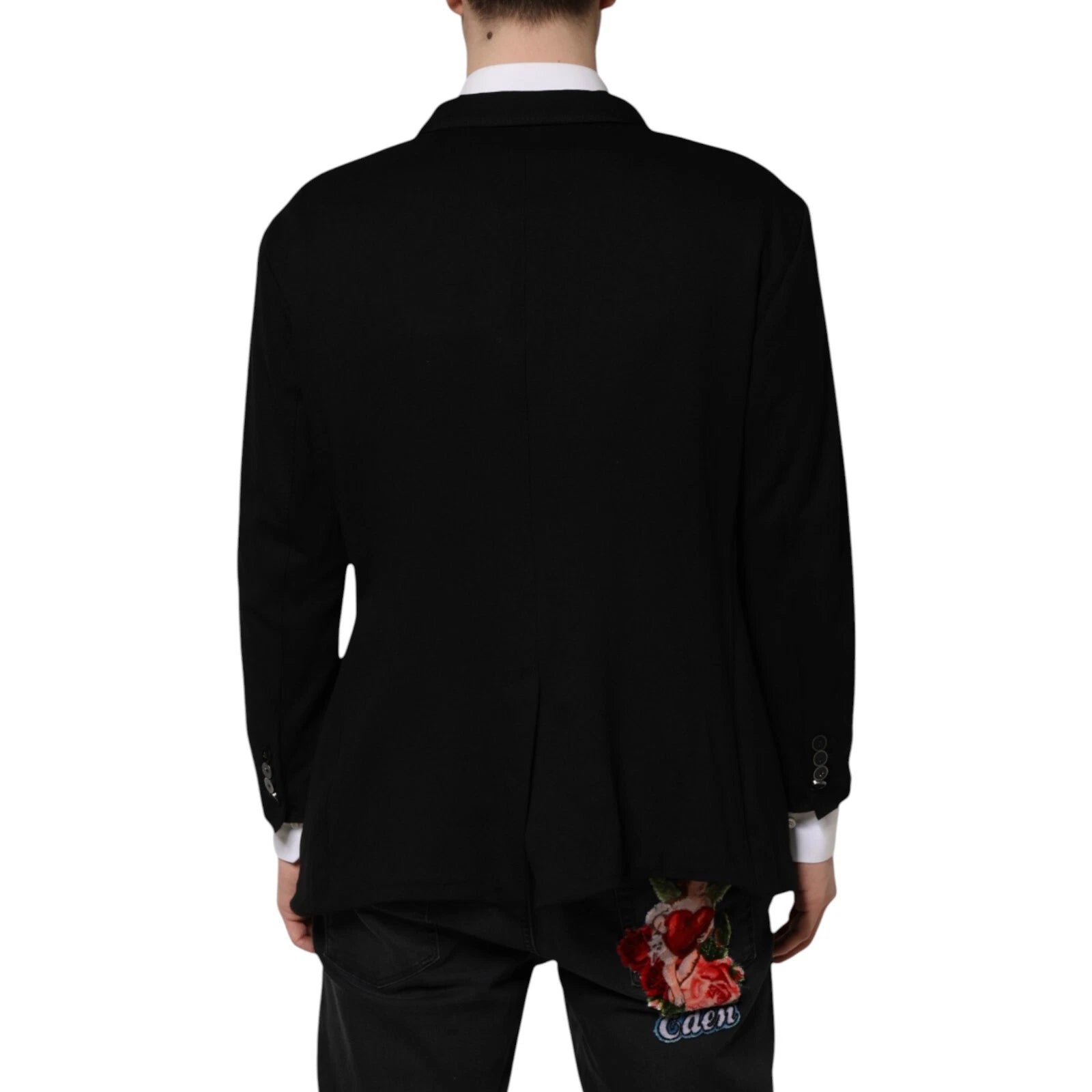Veste blazer Dolce & Gabbana noire en viscose avec broderie de couronne DG, élégante et sophistiquée.