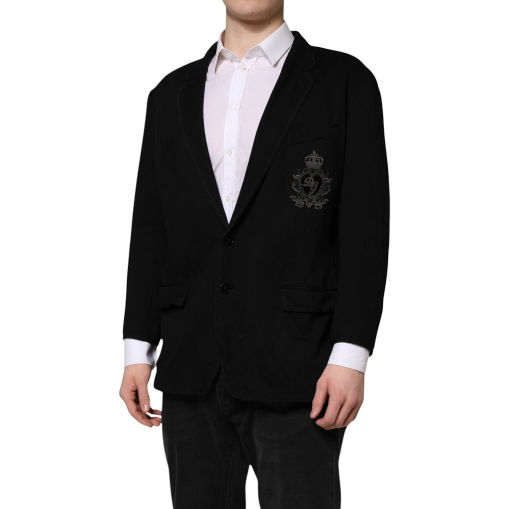 Veste blazer Dolce & Gabbana noire en viscose avec motif couronne DG, style élégant et sophistiqué.
