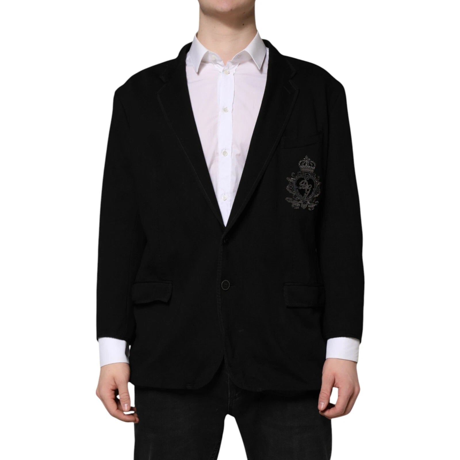 Veste blazer Dolce & Gabbana en viscose noire avec broderie en forme de couronne DG, coupe élégante et sophistiquée.