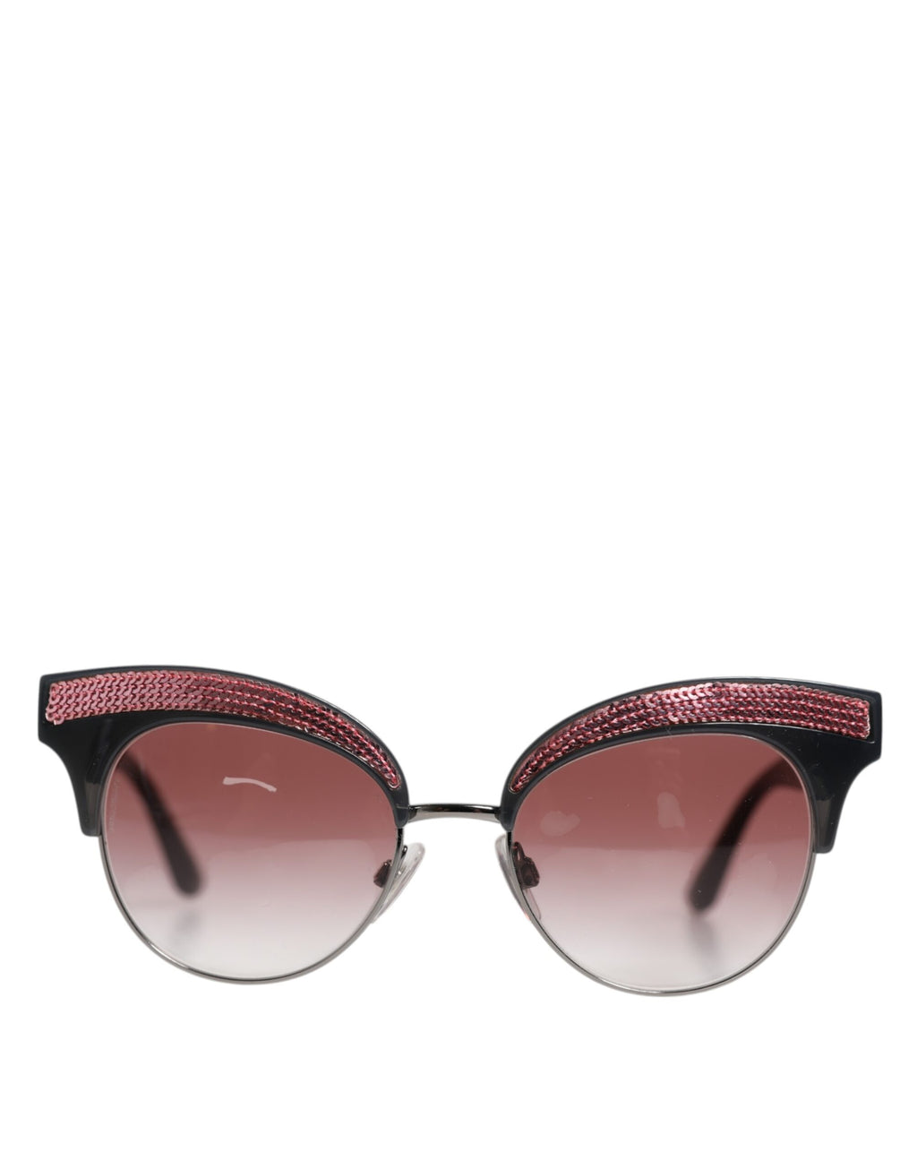 Lunettes de soleil Dolce & Gabbana noires et roses, miroir, forme œil de chat, avec sequins, style élégant et sophistiqué.