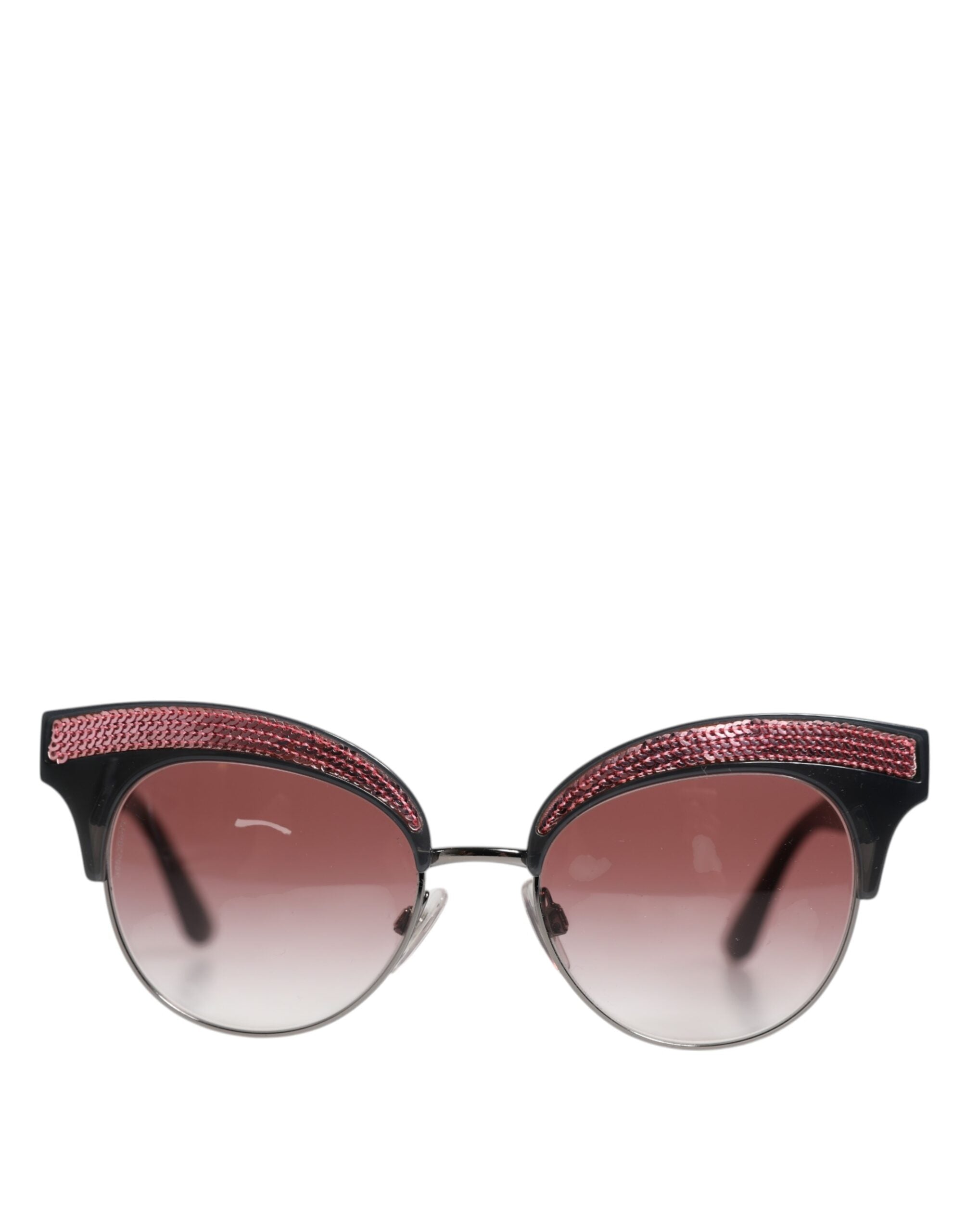 Lunettes de soleil Dolce & Gabbana noires et roses, miroir, forme œil de chat, avec sequins, style élégant et sophistiqué.