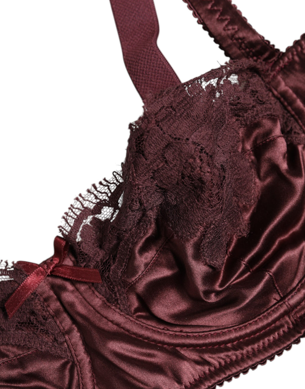 Soutien-gorge balconnet en soie bordeaux Dolce & Gabbana, à armatures, lingerie élégante et raffinée visible sur l'image.