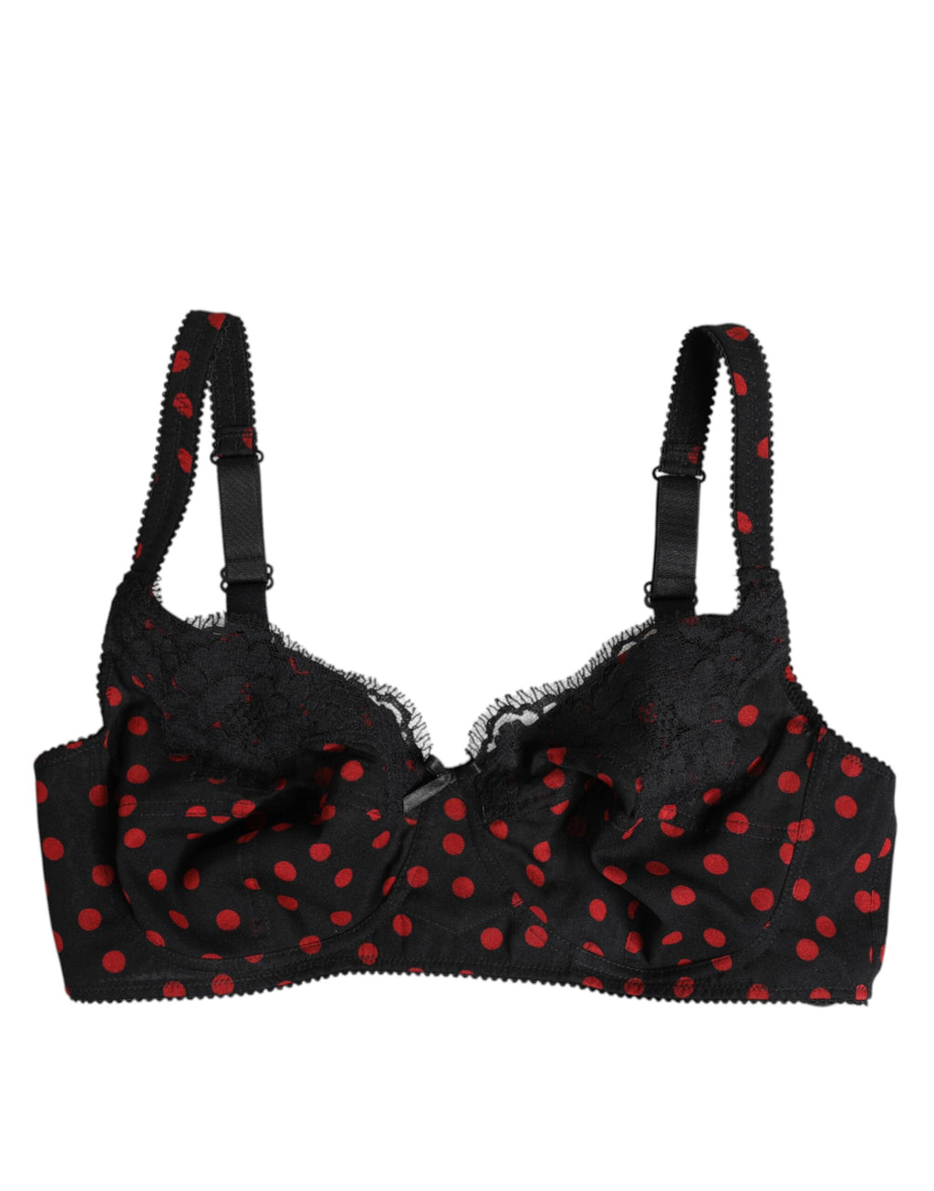 Sous-vêtements Dolce & Gabbana noir et rouge à pois, soutien-gorge balconnet avec armatures, style élégant et féminin.