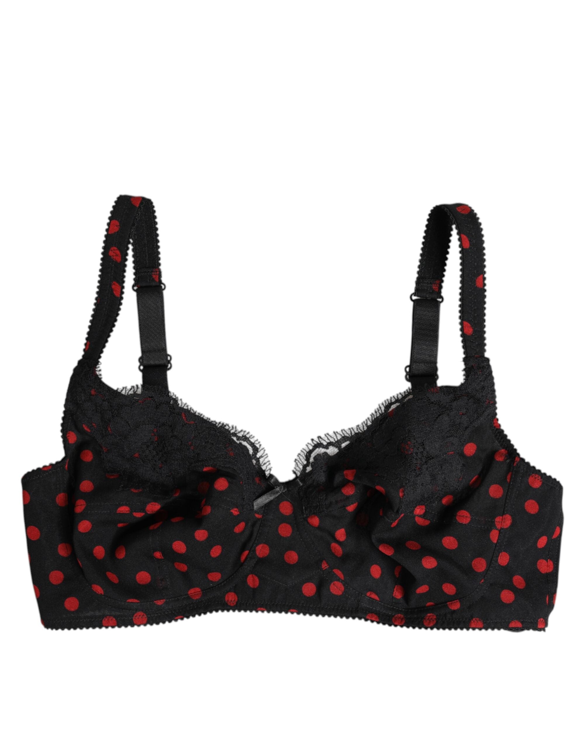 Sous-vêtements Dolce & Gabbana noir et rouge à pois, soutien-gorge balconnet avec armatures, style élégant et féminin.