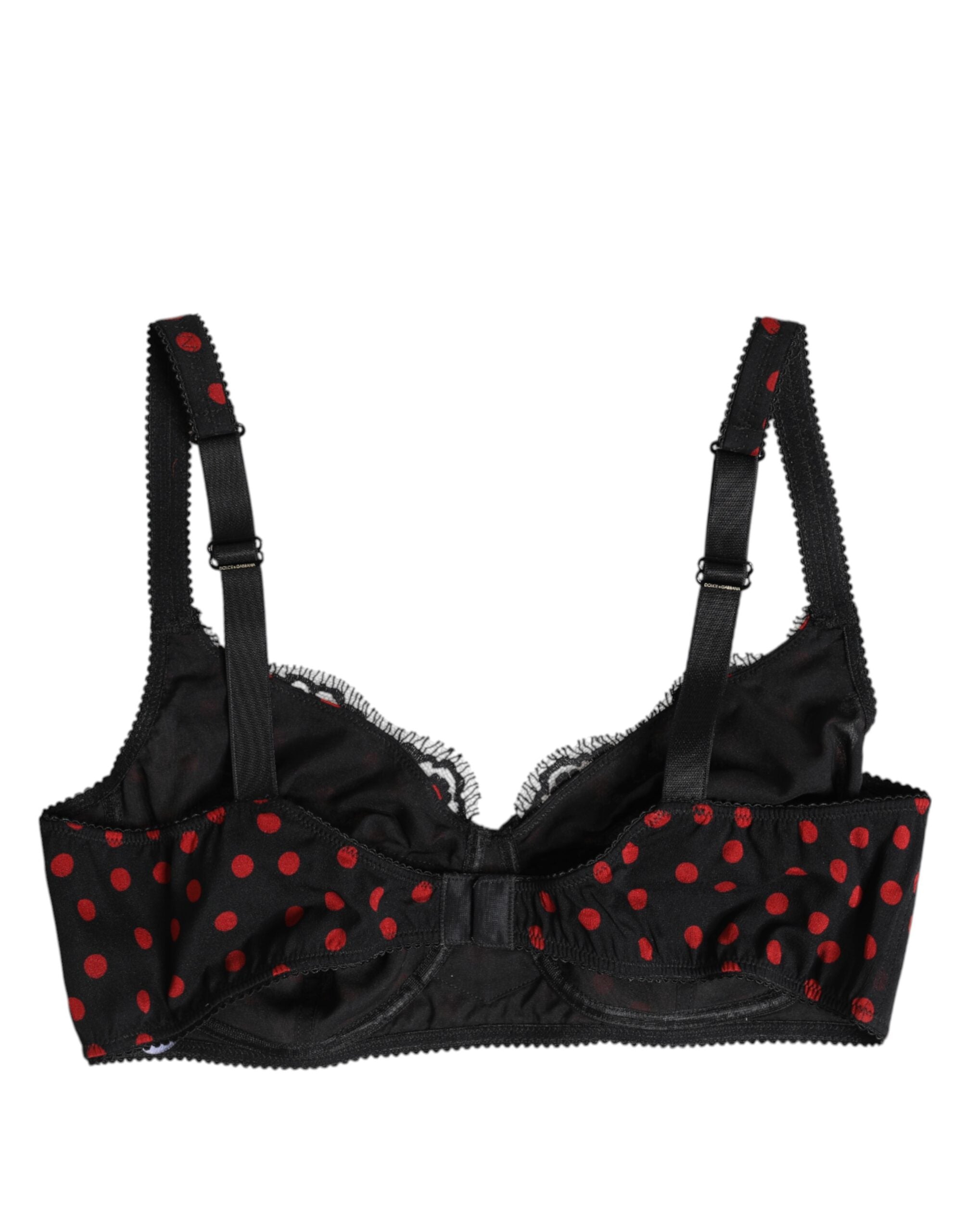 Sous-vêtements Dolce & Gabbana en noir et rouge à pois, soutien-gorge balconnet avec armatures, style élégant et féminin.