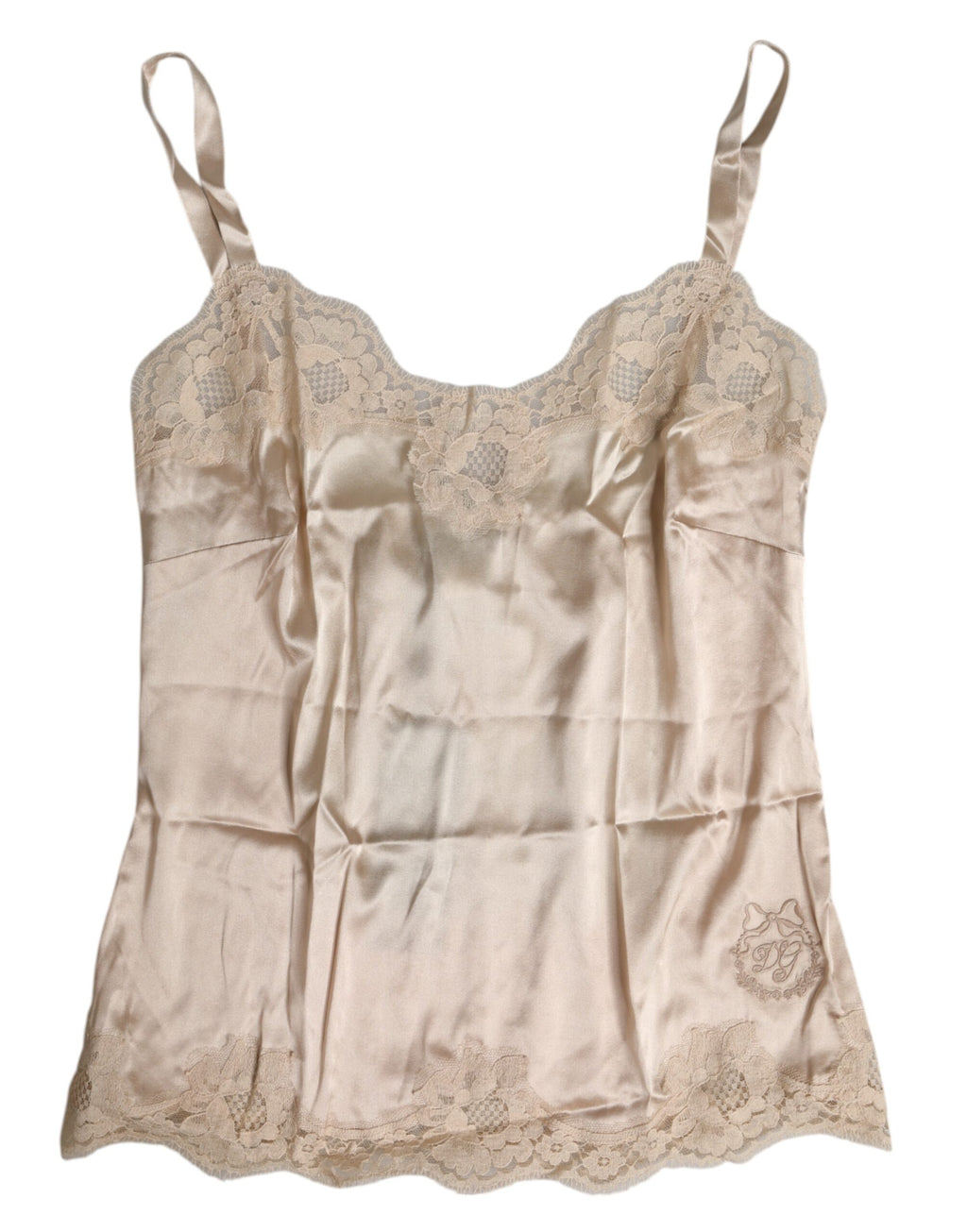 Lingerie Dolce & Gabbana beige en dentelle de soie satin, débardeur élégant et féminin, visible sur fond neutre.