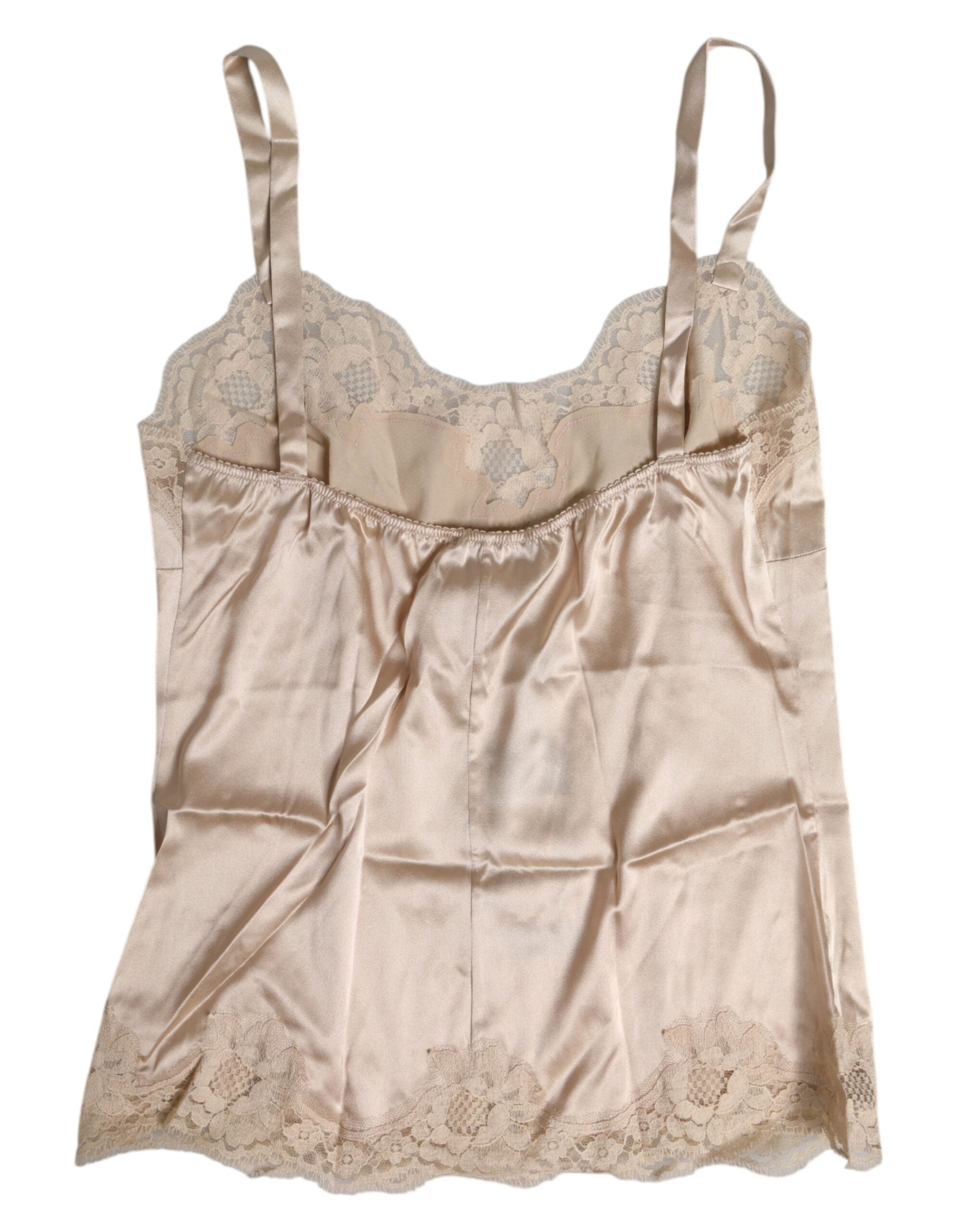 Lingerie Dolce & Gabbana beige en satin de soie avec dentelle, tank élégant pour sous-vêtements féminins.