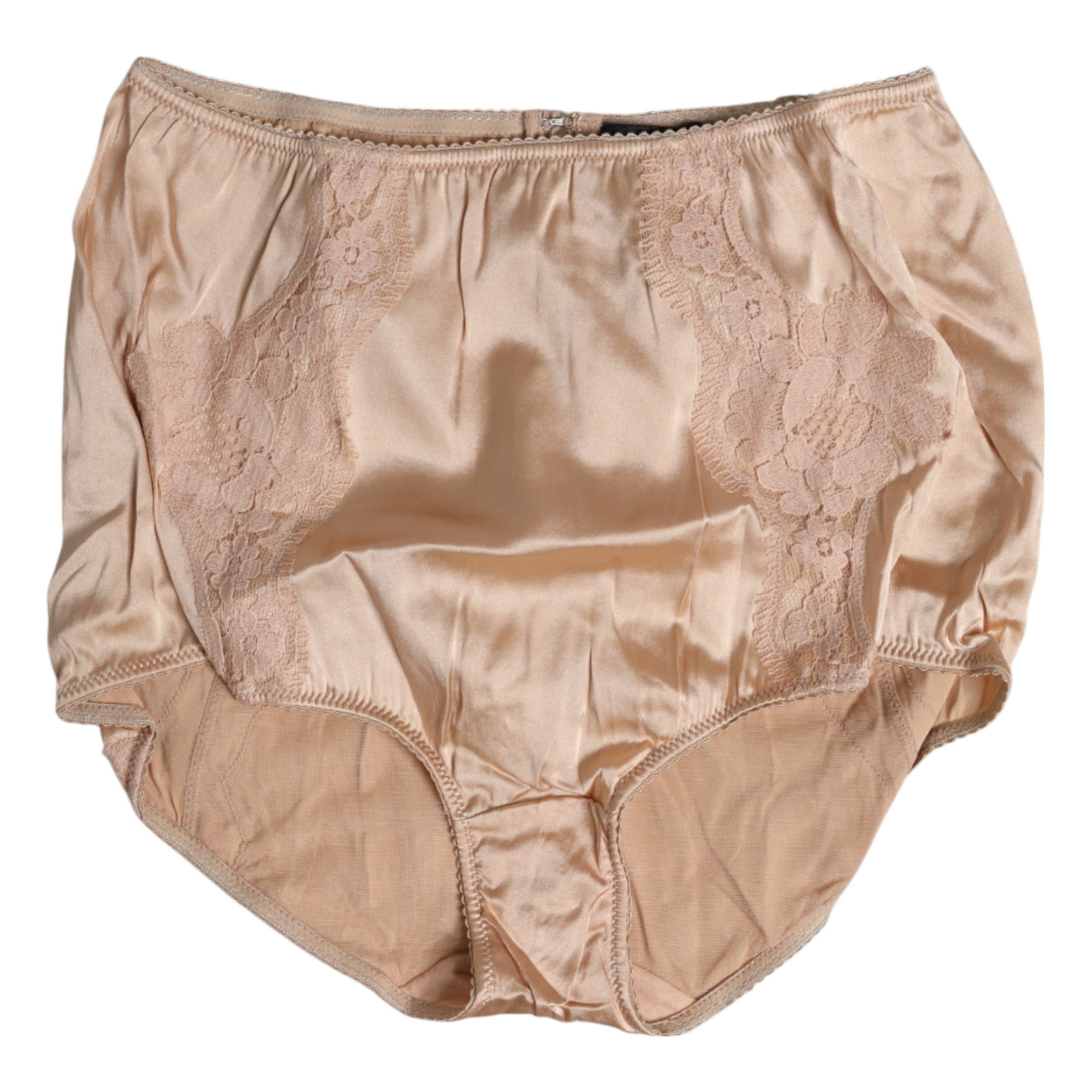 Culotte de bikini en soie beige avec dentelle à taille haute de Dolce & Gabbana, détail élégant et finition raffinée.
