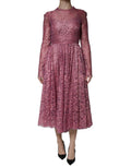 Robe midi en dentelle rose à manches longues Dolce & Gabbana avec motif floral, élégante et féminine.