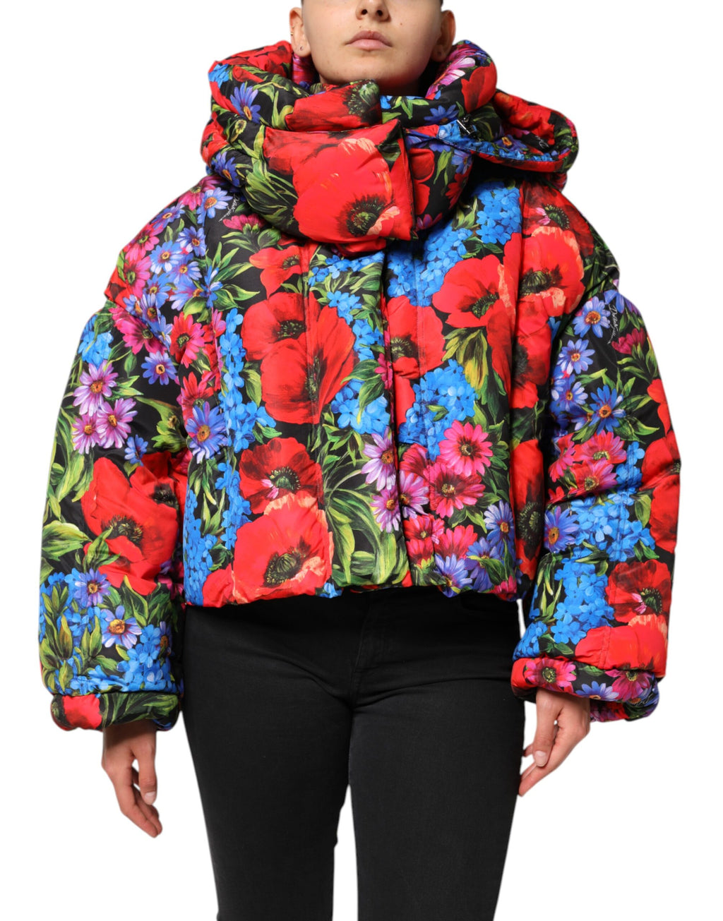 Imperméable à capuche Dolce & Gabbana multicolore avec motif floral, veste matelassée tendance pour femmes.